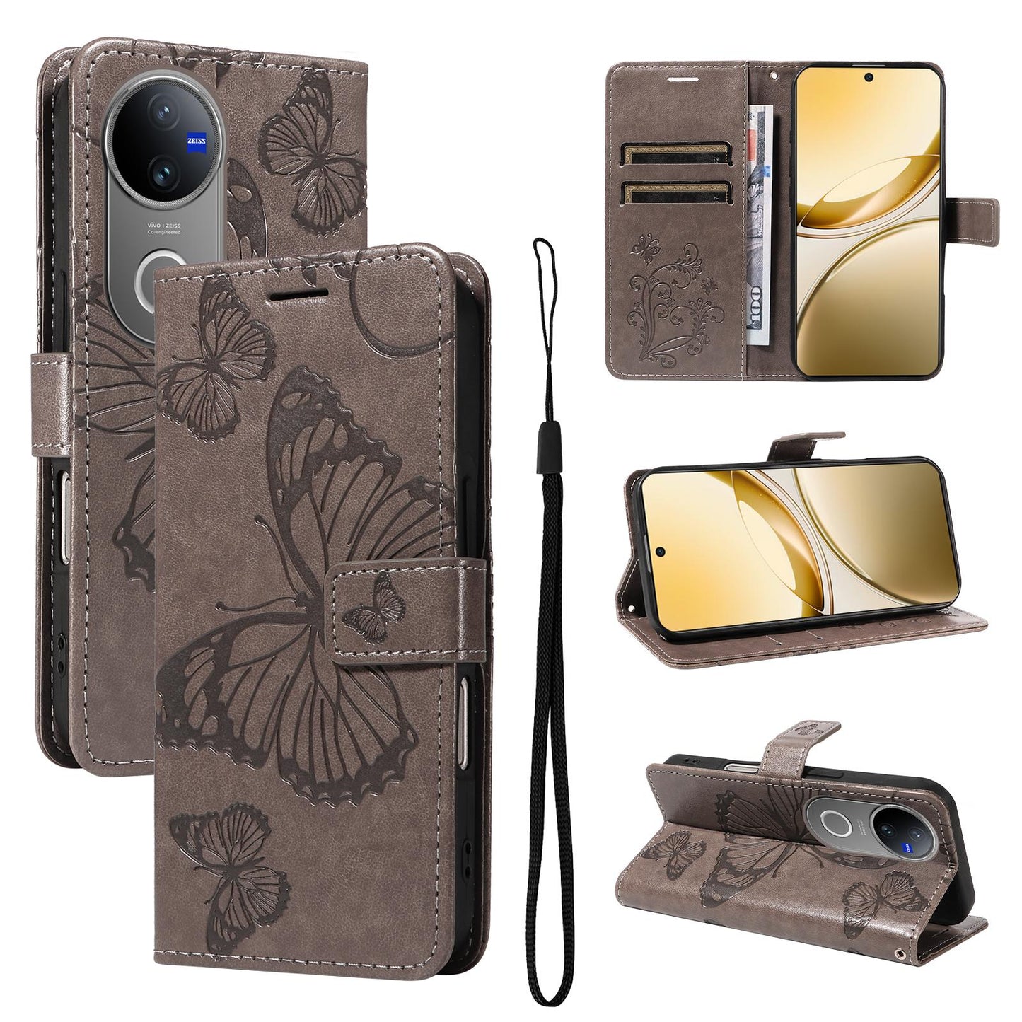For vivo V50 5G Global 3D Butterfly Embossed Pattern Flip Leather Phone Case(Grey)