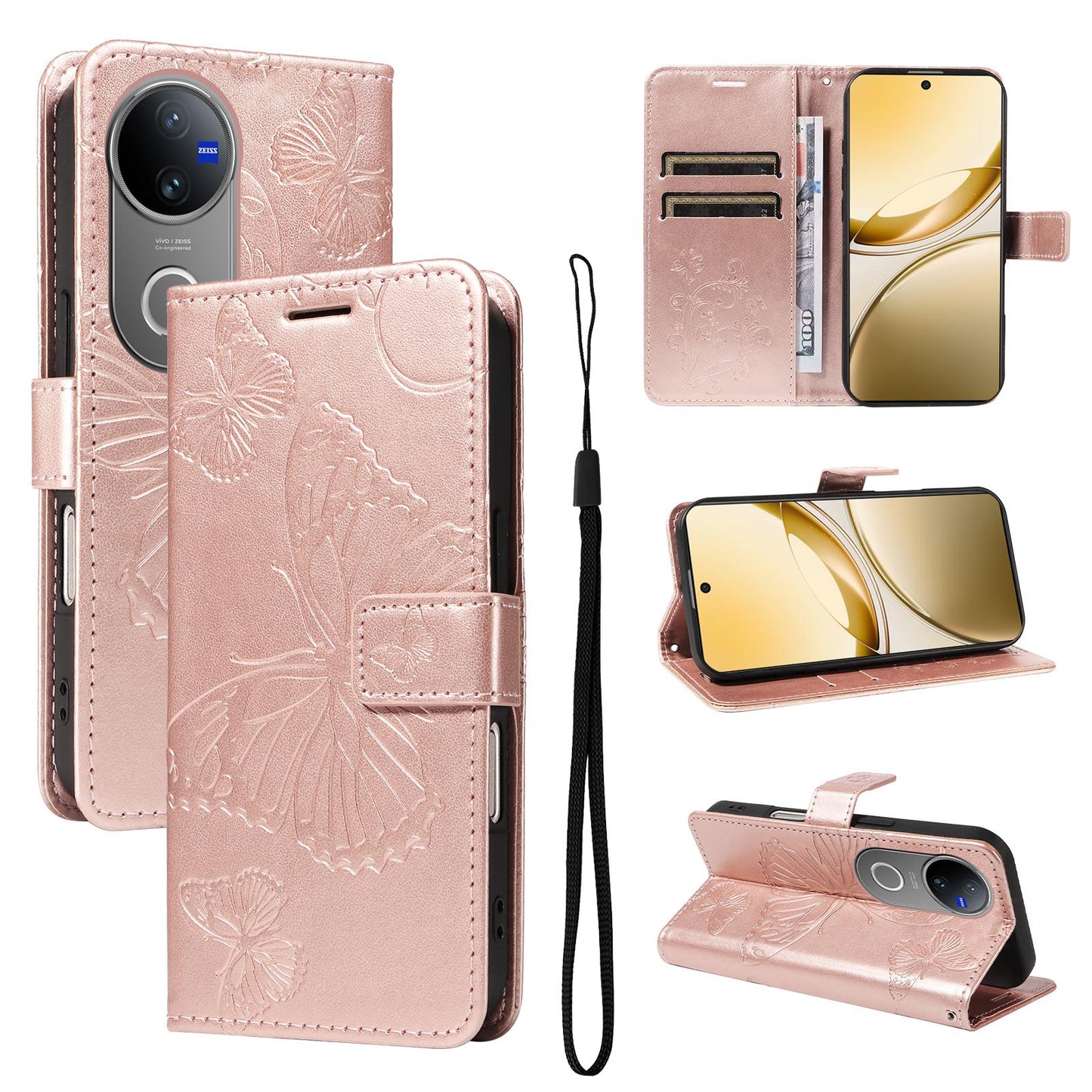 For vivo V50 5G Global 3D Butterfly Embossed Pattern Flip Leather Phone Case(Rose Gold)