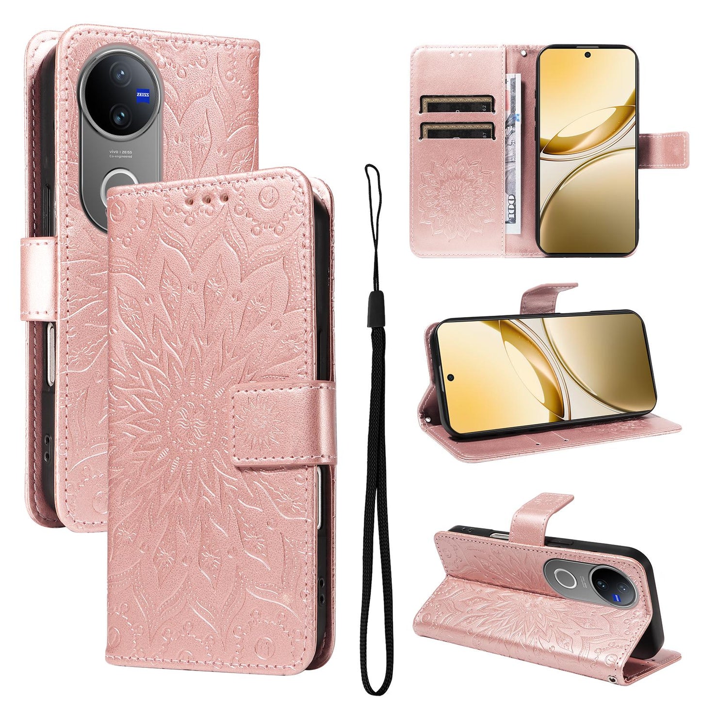 For vivo V50 5G Global Embossed Sunflower Pattern Flip Leather Phone Case(Rose Gold)