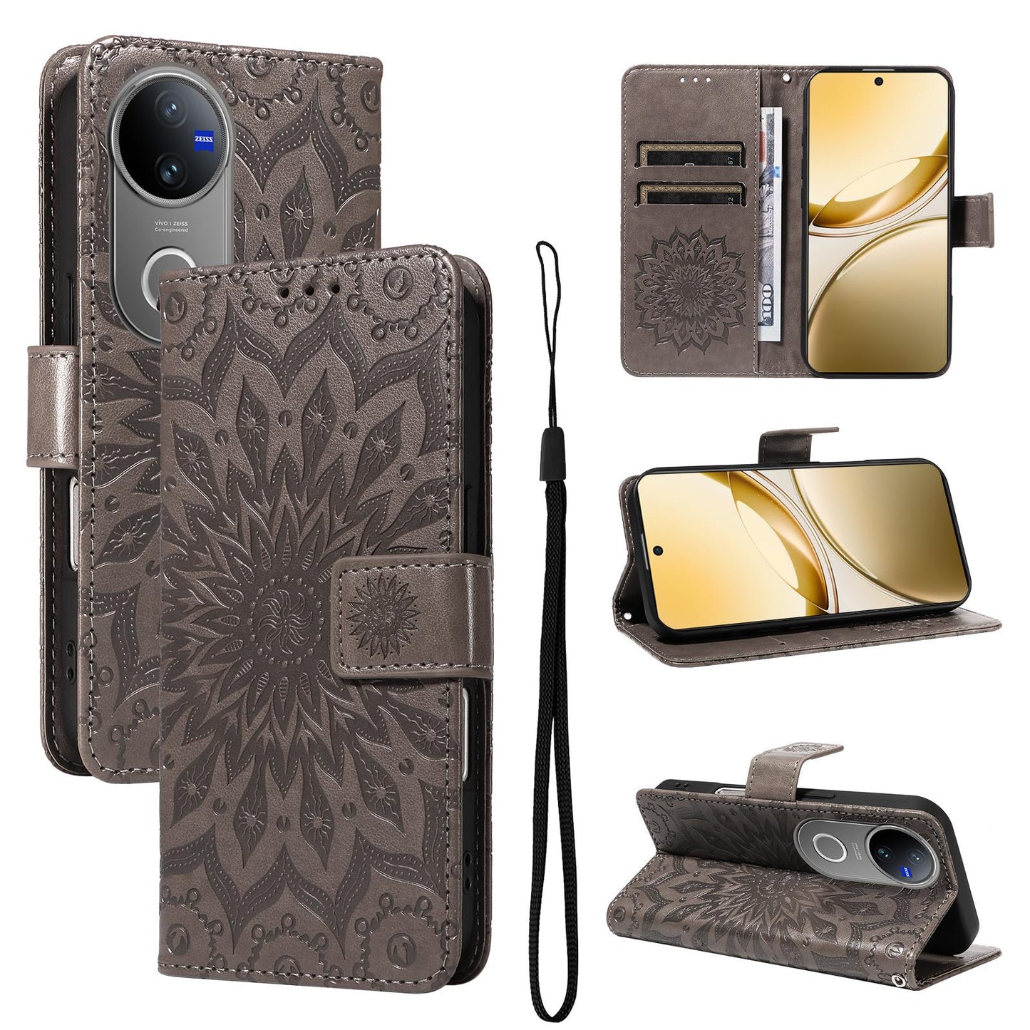 For vivo V50 5G Global Embossed Sunflower Pattern Flip Leather Phone Case(Grey)