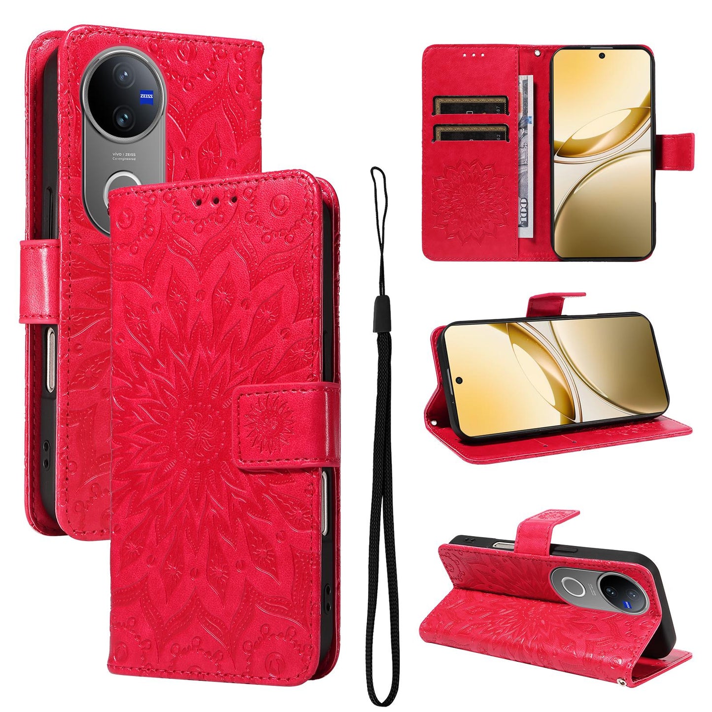 For vivo V50 5G Global Embossed Sunflower Pattern Flip Leather Phone Case(Red)