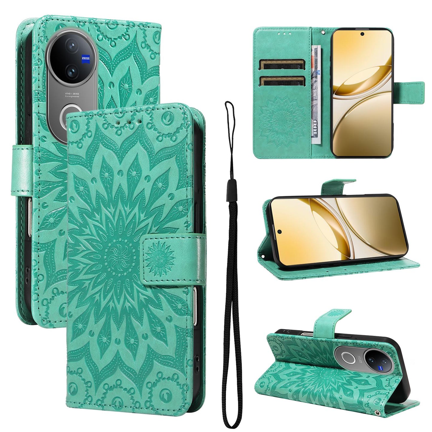 For vivo V50 5G Global Embossed Sunflower Pattern Flip Leather Phone Case(Green)
