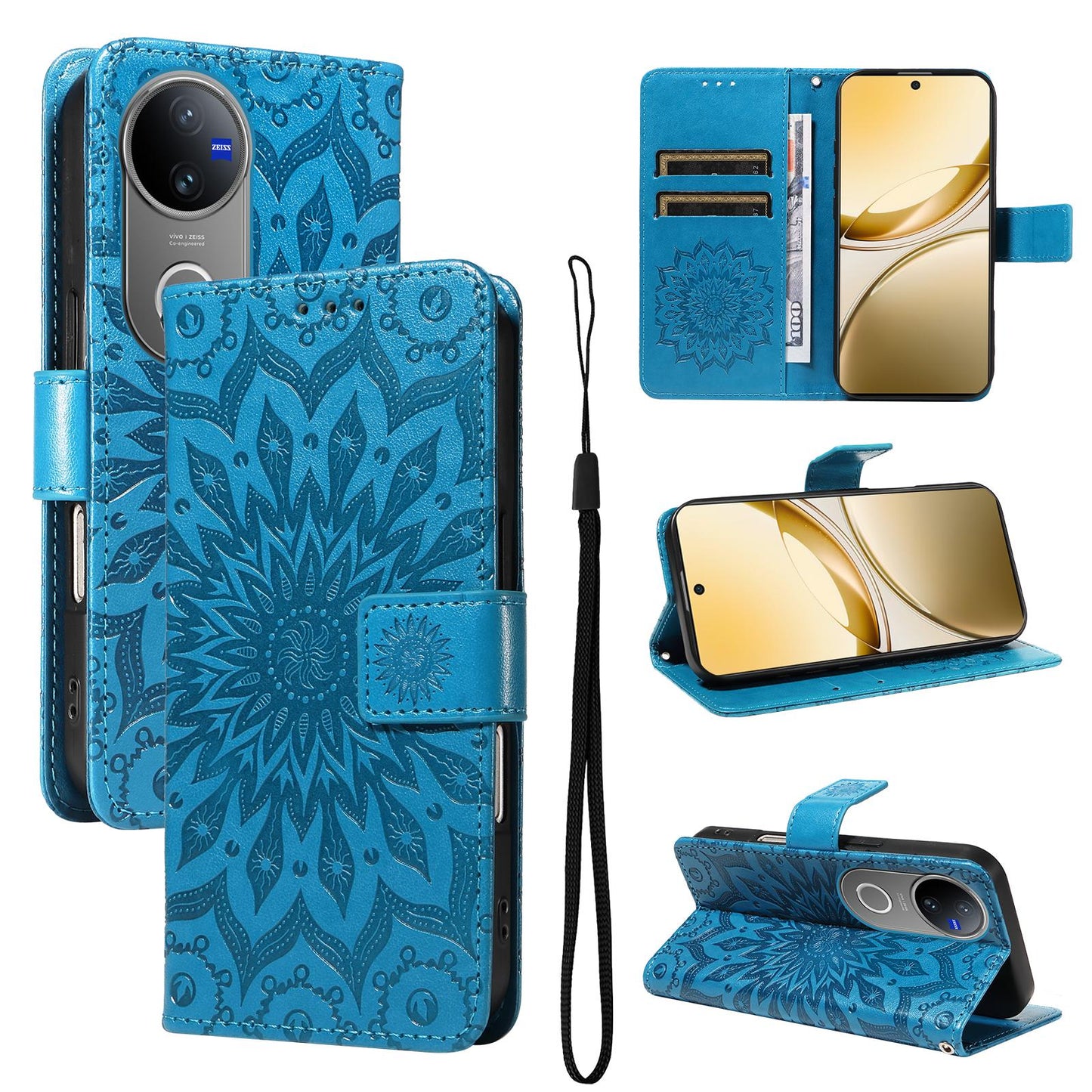 For vivo V50 5G Global Embossed Sunflower Pattern Flip Leather Phone Case(Blue)