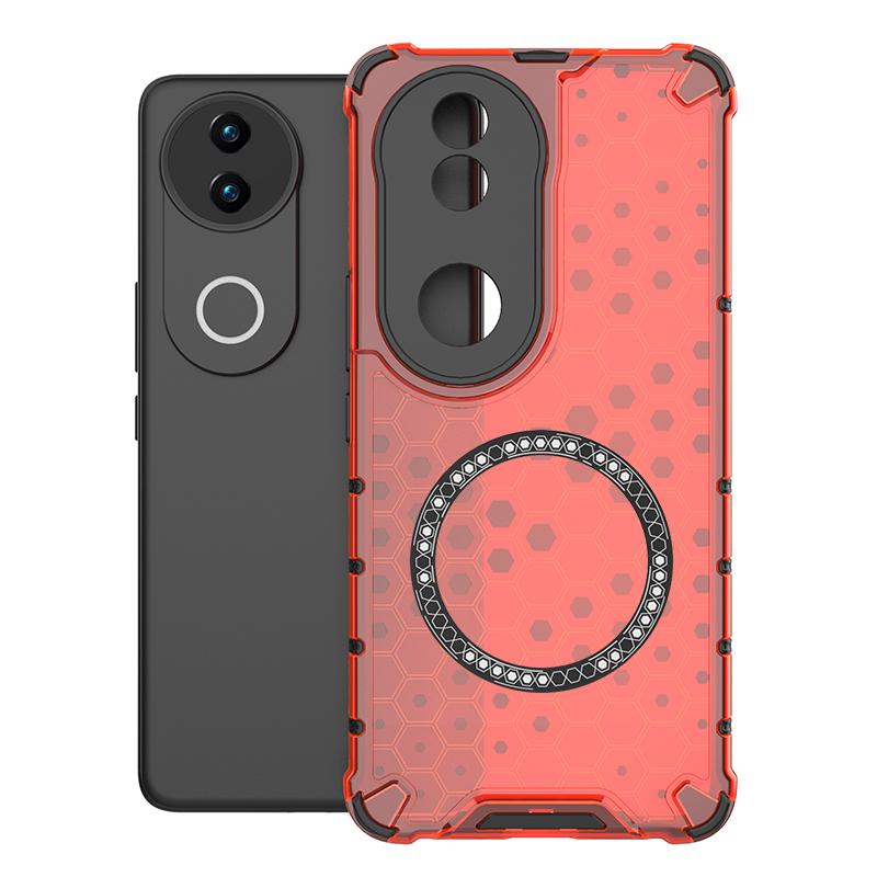 For vivo V50 5G Global Honeycomb Magnetic Ring Shockproof Phone Case(Red)