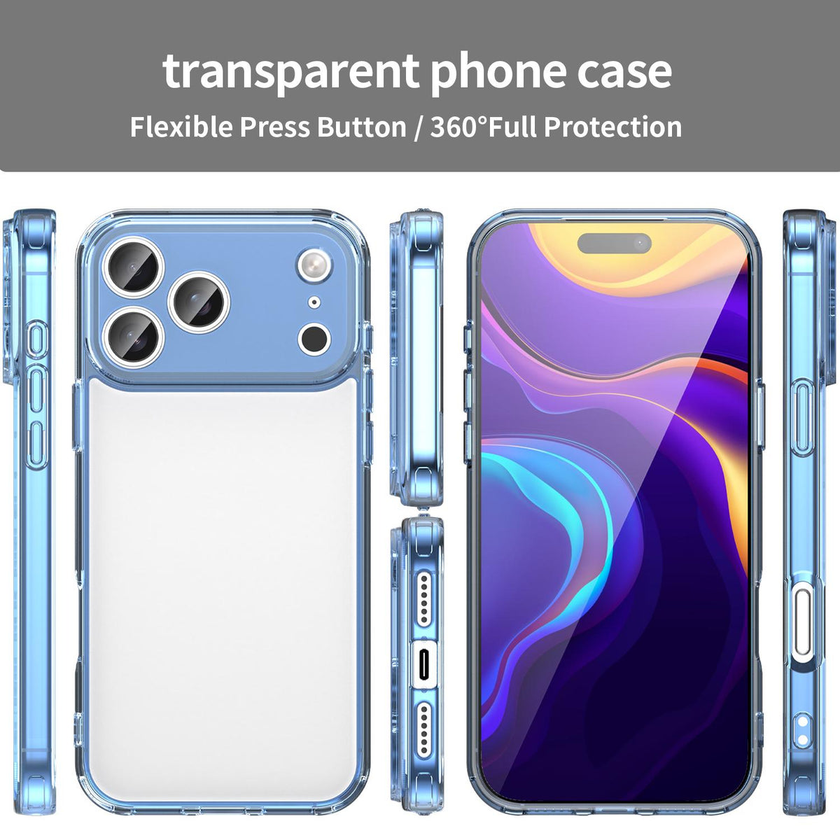 Compatible with iPhone 18 Pro Max PC Dual-Layer TPU Airbag Shockproof Phone Case - Transparent Blue