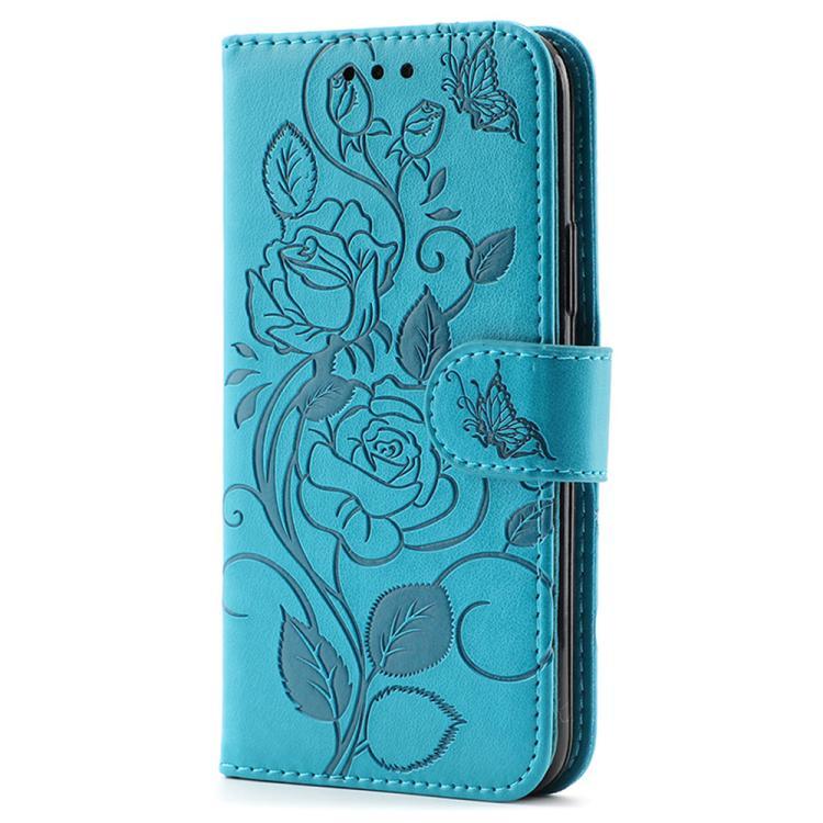 Compatible with iPhone 18 Pro Max & 17 Pro Max Rose Butterfly Embossed Leather Phone Case - Blue