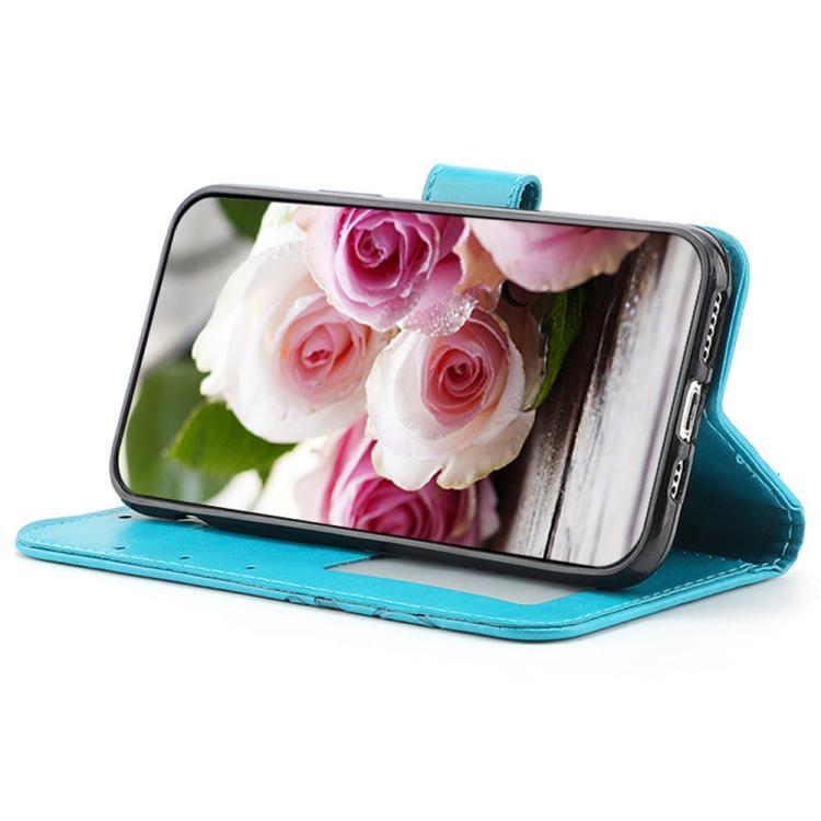 Compatible with iPhone 18 Pro Max & 17 Pro Max Rose Butterfly Embossed Leather Phone Case - Blue