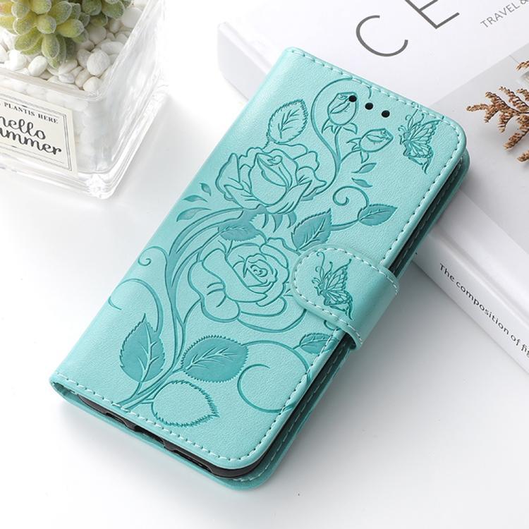 Compatible with iPhone 18 Pro Max & 17 Pro Max Rose Butterfly Embossed Leather Phone Case - Green