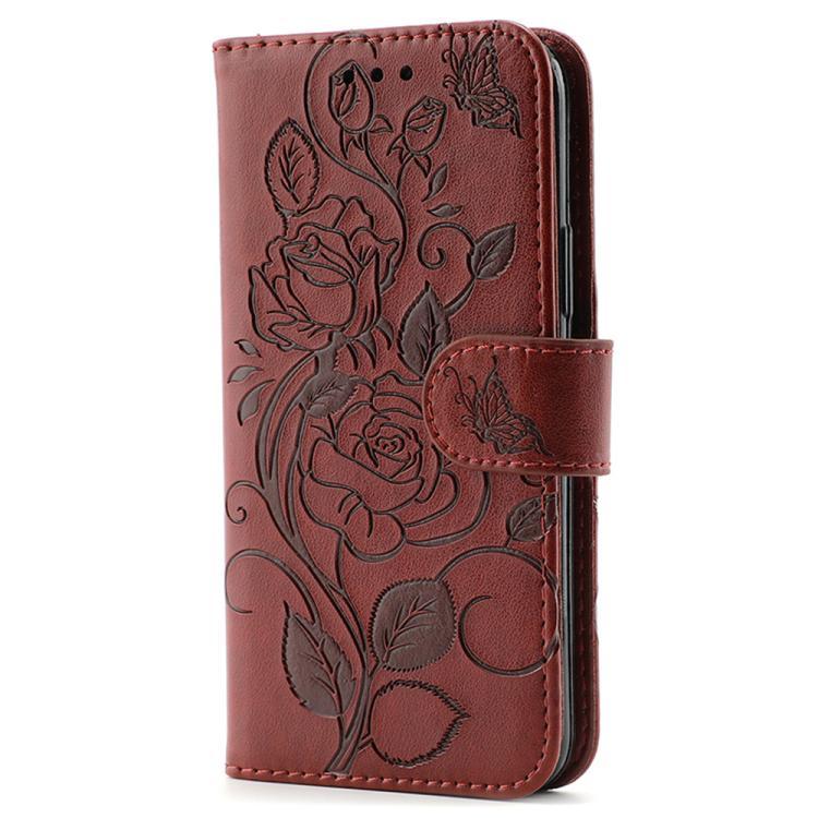 Compatible with iPhone 18 Pro Max & 17 Pro Max Rose Butterfly Embossed Leather Phone Case - Brown