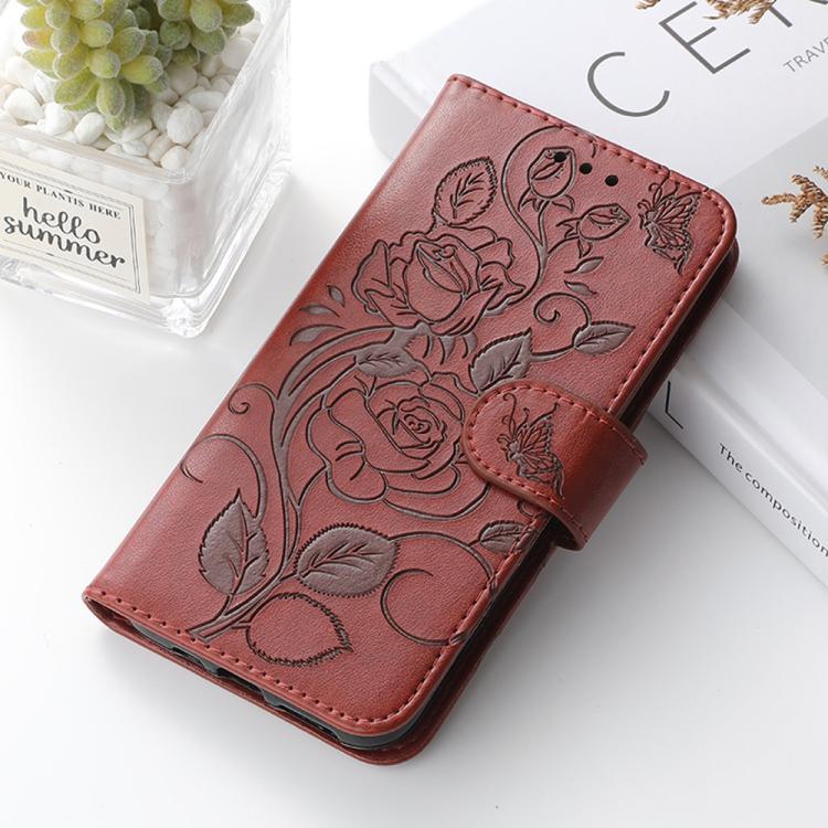 Compatible with iPhone 18 Pro Max & 17 Pro Max Rose Butterfly Embossed Leather Phone Case - Brown