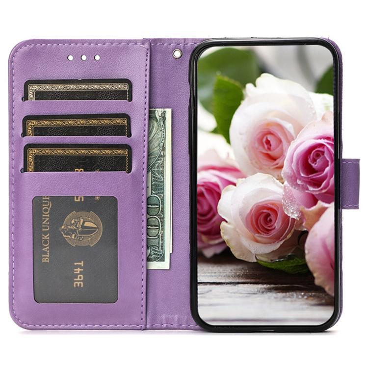 Compatible with iPhone 18 Pro & 17 Pro Rose Butterfly Embossed Leather Phone Case - Purple