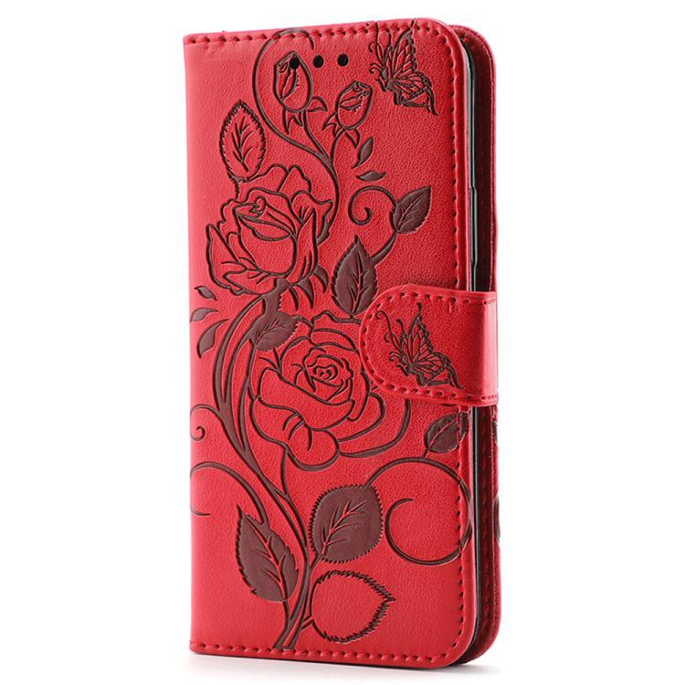 Compatible with iPhone 18 Pro & 17 Pro Rose Butterfly Embossed Leather Phone Case - Red