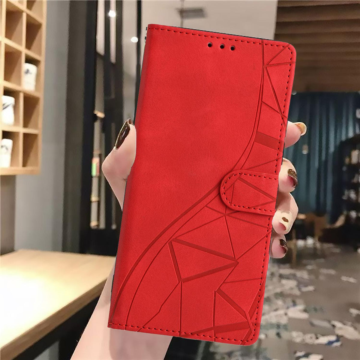 Compatible with iPhone 18 Pro Max Triangles Embossed Leather Phone Case - Red