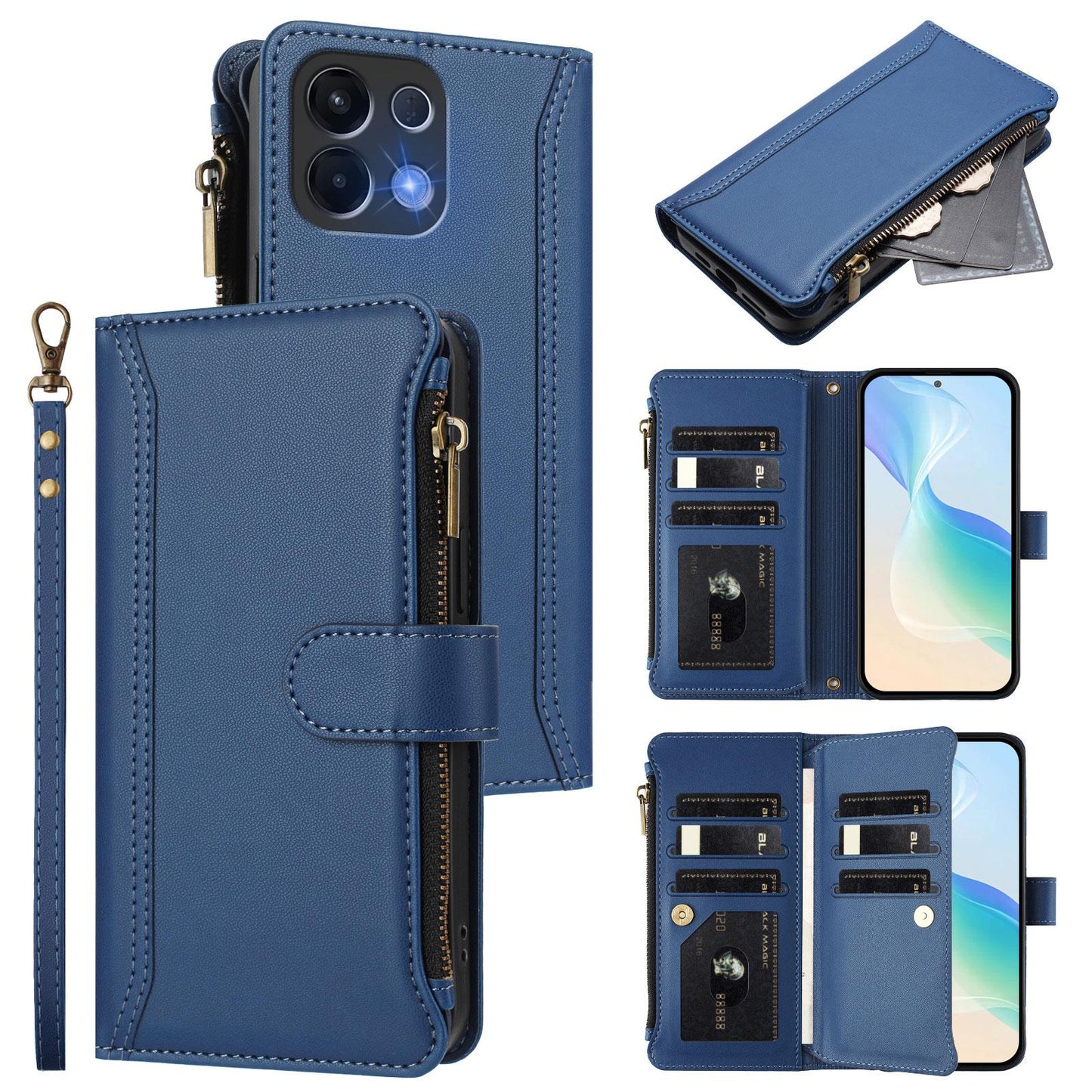 For OPPO K12S / K13 India Magnetic Closure 9 Card Slots Zipper Leather Case with Hand Strap(Dark Blue)