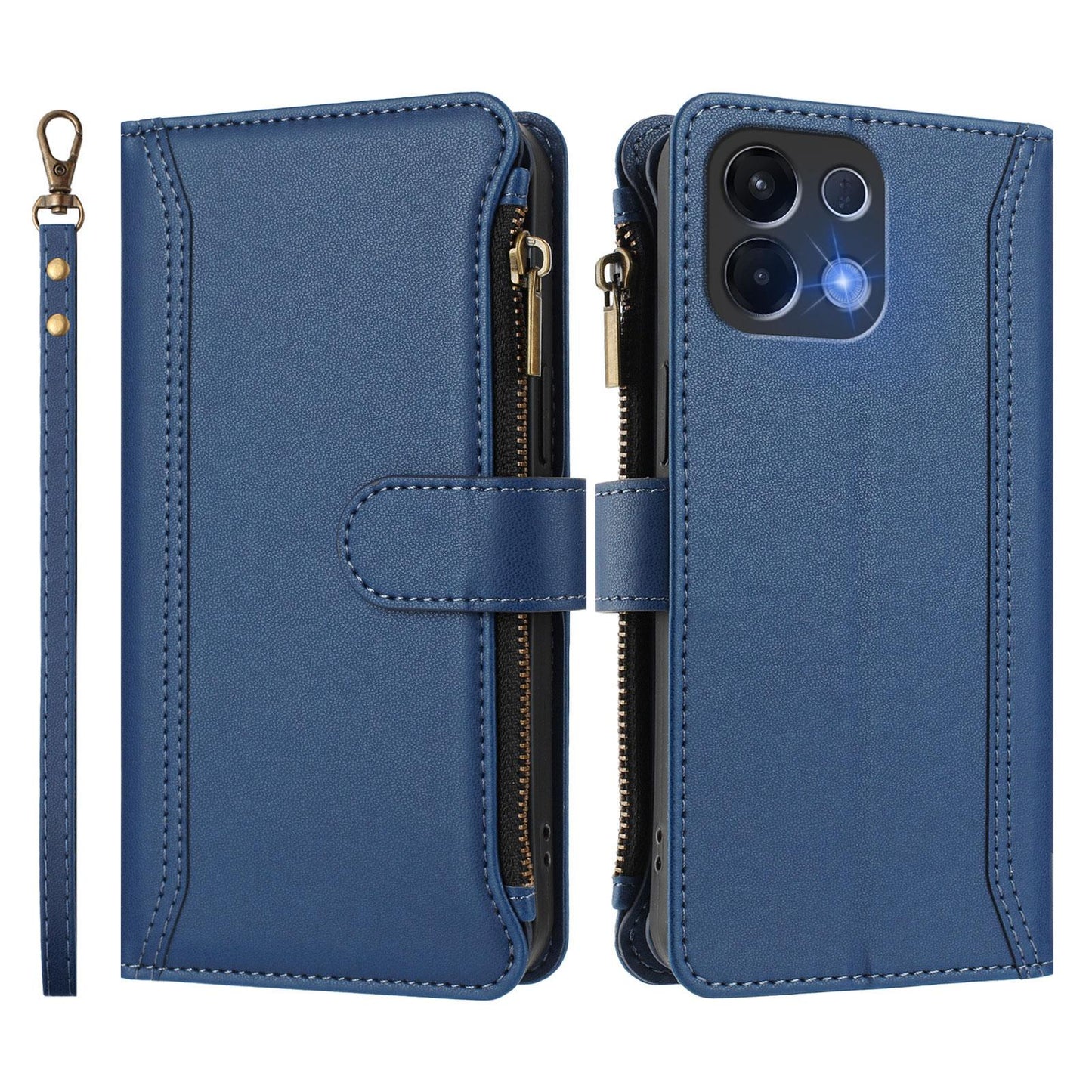For OPPO K12S / K13 India Magnetic Closure 9 Card Slots Zipper Leather Case with Hand Strap(Dark Blue)
