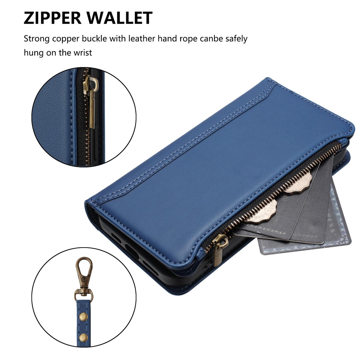 For OPPO K12S / K13 India Magnetic Closure 9 Card Slots Zipper Leather Case with Hand Strap(Dark Blue)