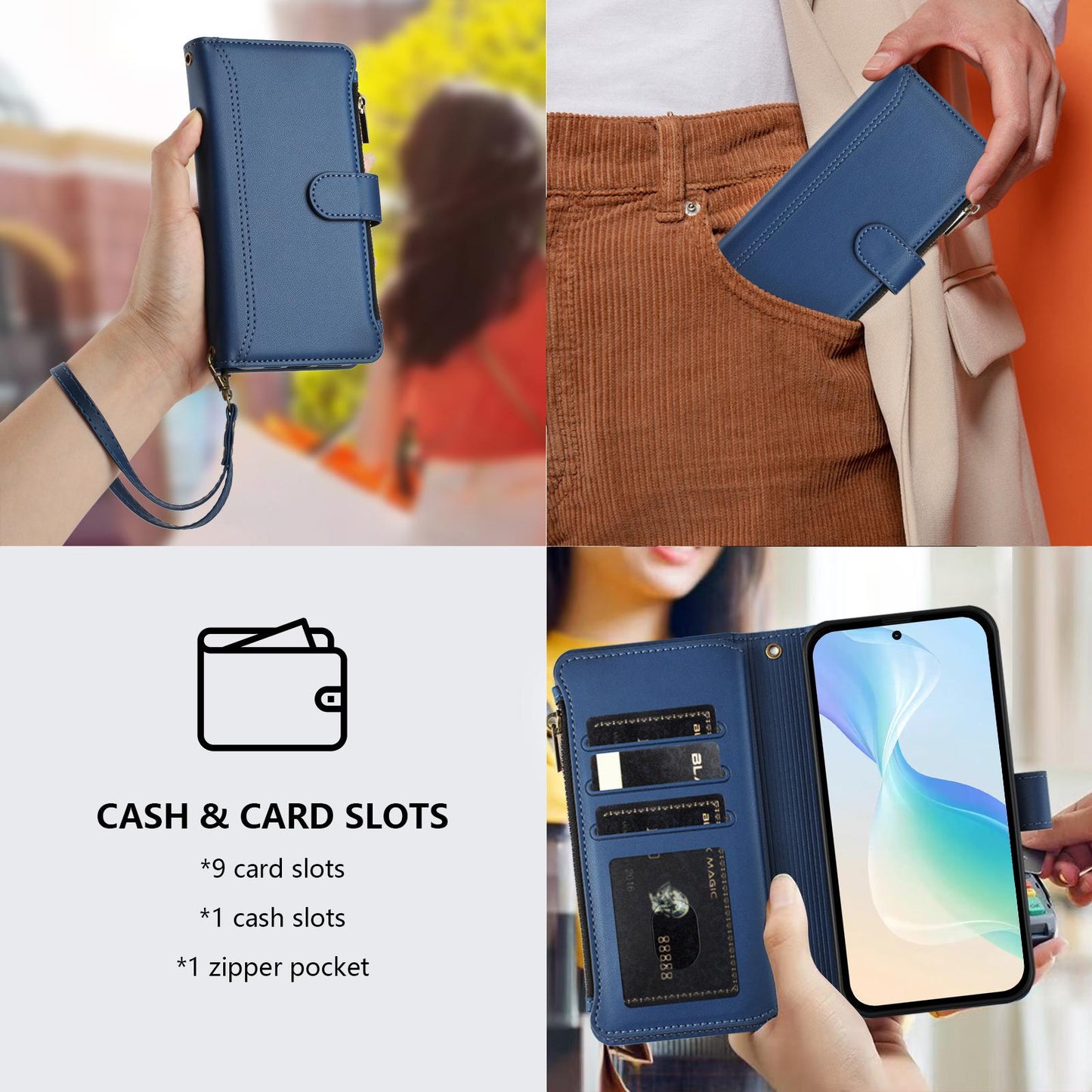 For OPPO K12S / K13 India Magnetic Closure 9 Card Slots Zipper Leather Case with Hand Strap(Dark Blue)