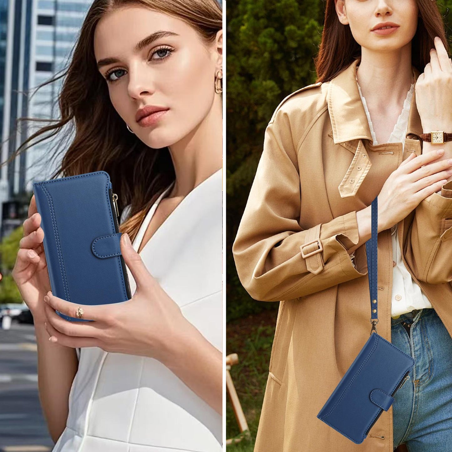 For OPPO K12S / K13 India Magnetic Closure 9 Card Slots Zipper Leather Case with Hand Strap(Dark Blue)