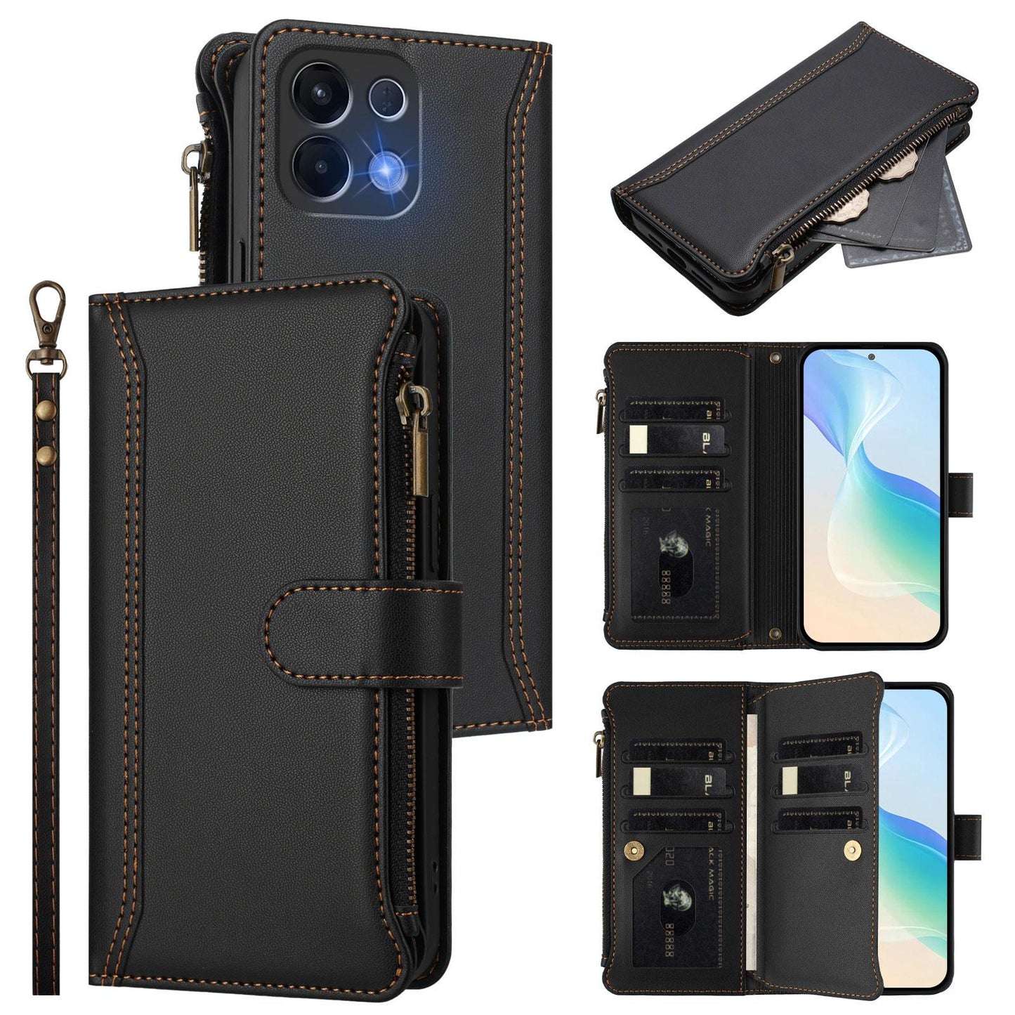 For OPPO K12S / K13 India Magnetic Closure 9 Card Slots Zipper Leather Case with Hand Strap(Black)