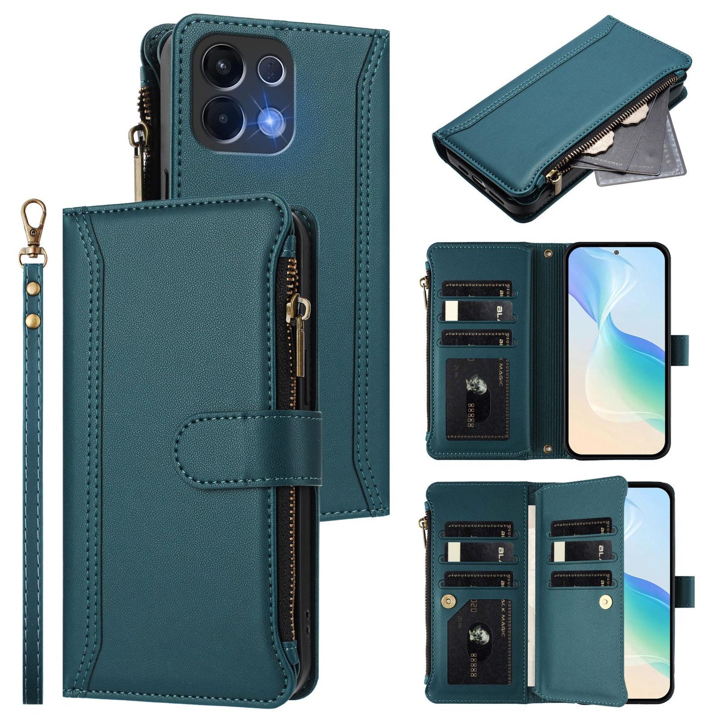 For OPPO K12S / K13 India Magnetic Closure 9 Card Slots Zipper Leather Case with Hand Strap(Dark Green)