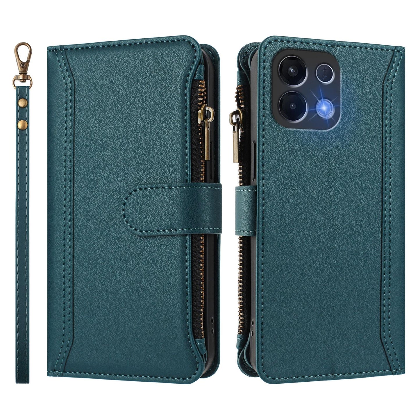 For OPPO K12S / K13 India Magnetic Closure 9 Card Slots Zipper Leather Case with Hand Strap(Dark Green)