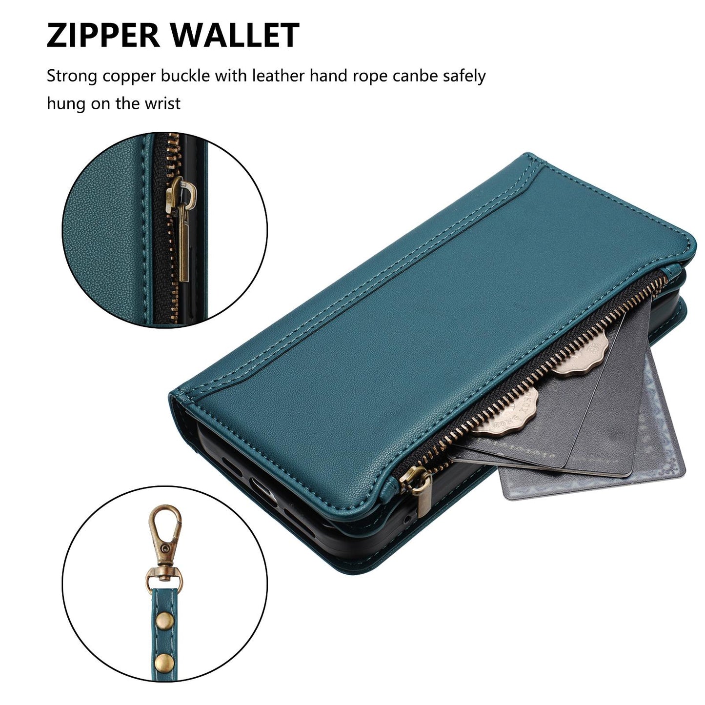 For OPPO K12S / K13 India Magnetic Closure 9 Card Slots Zipper Leather Case with Hand Strap(Dark Green)