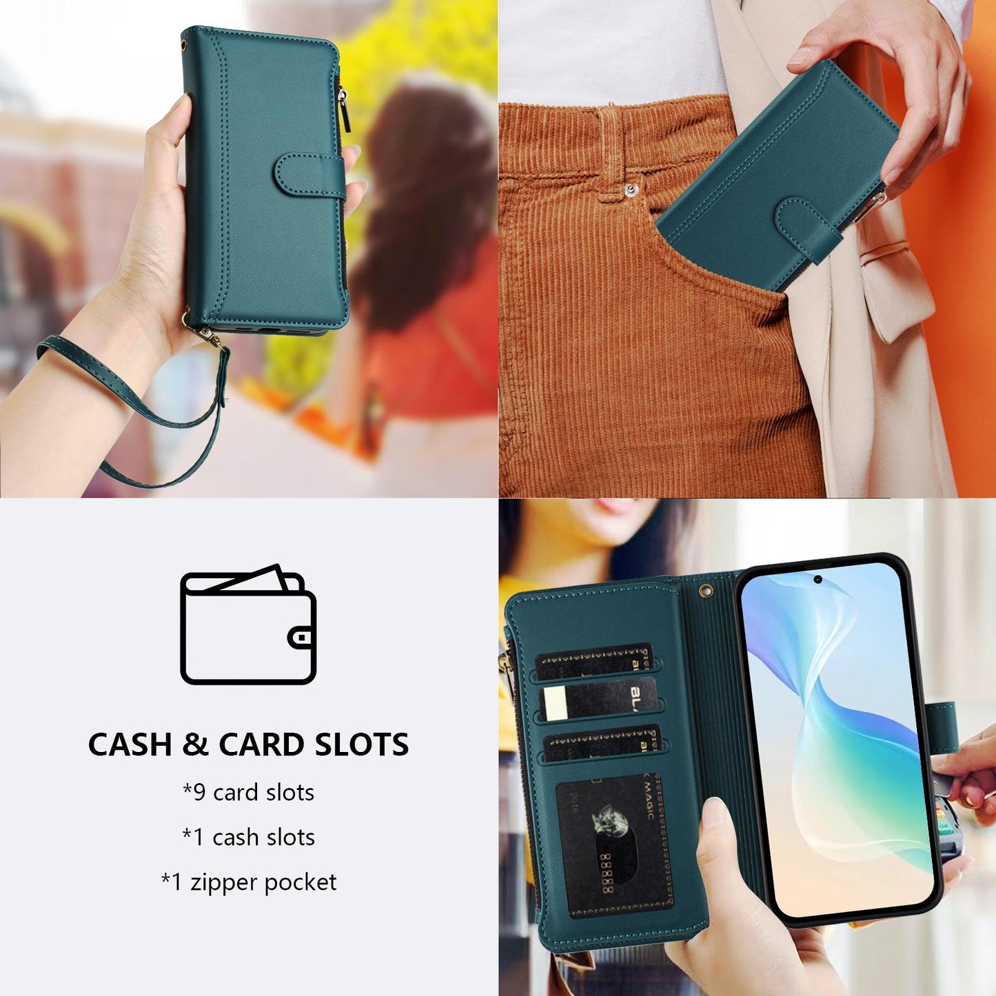 For OPPO K12S / K13 India Magnetic Closure 9 Card Slots Zipper Leather Case with Hand Strap(Dark Green)
