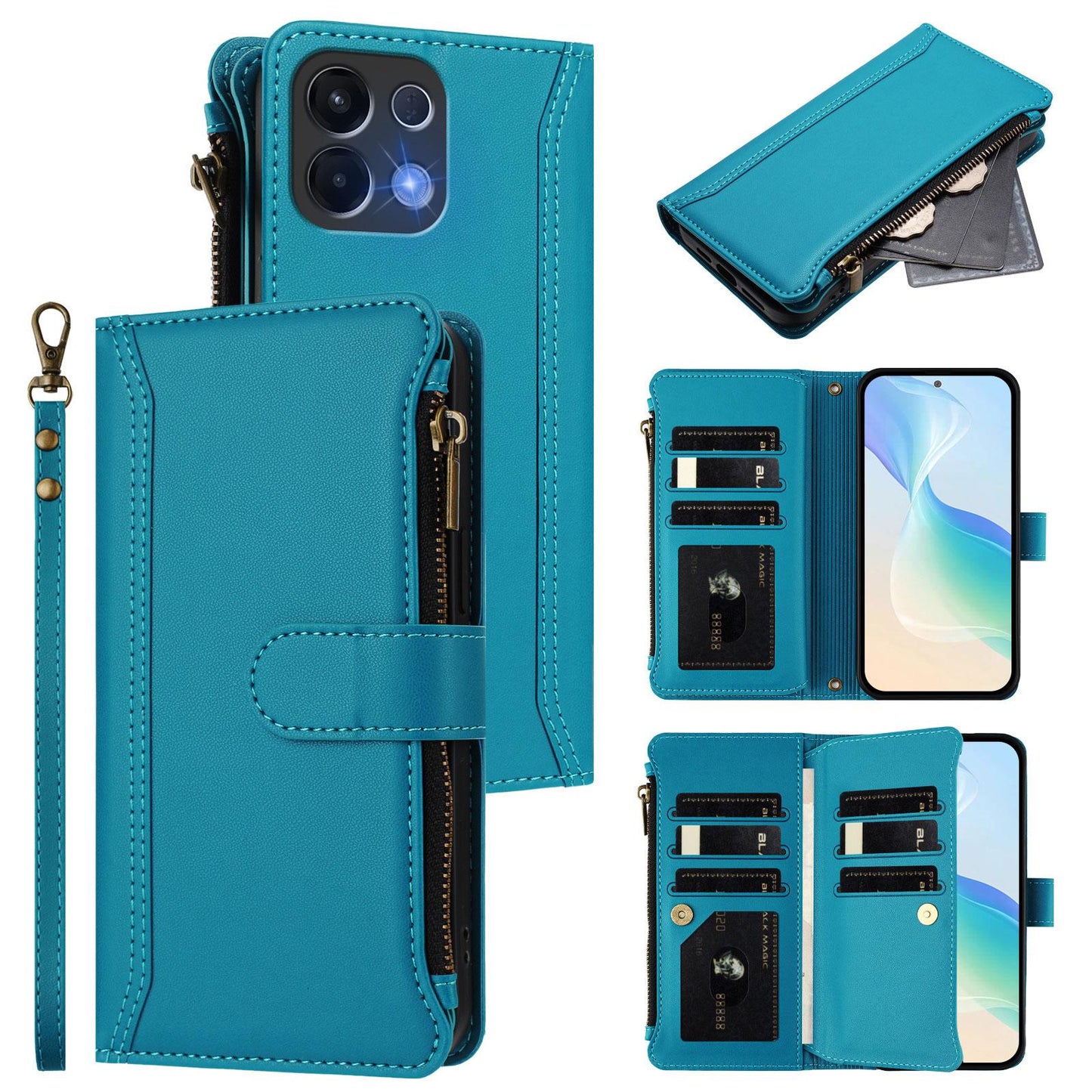 For OPPO K12S / K13 India Magnetic Closure 9 Card Slots Zipper Leather Case with Hand Strap(Turquoise)