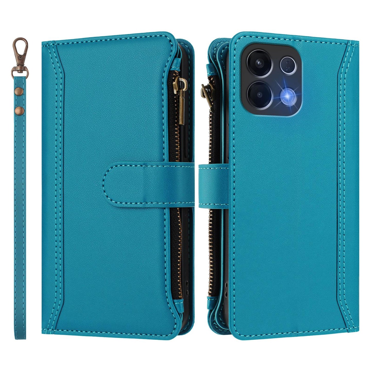 For OPPO K12S / K13 India Magnetic Closure 9 Card Slots Zipper Leather Case with Hand Strap(Turquoise)