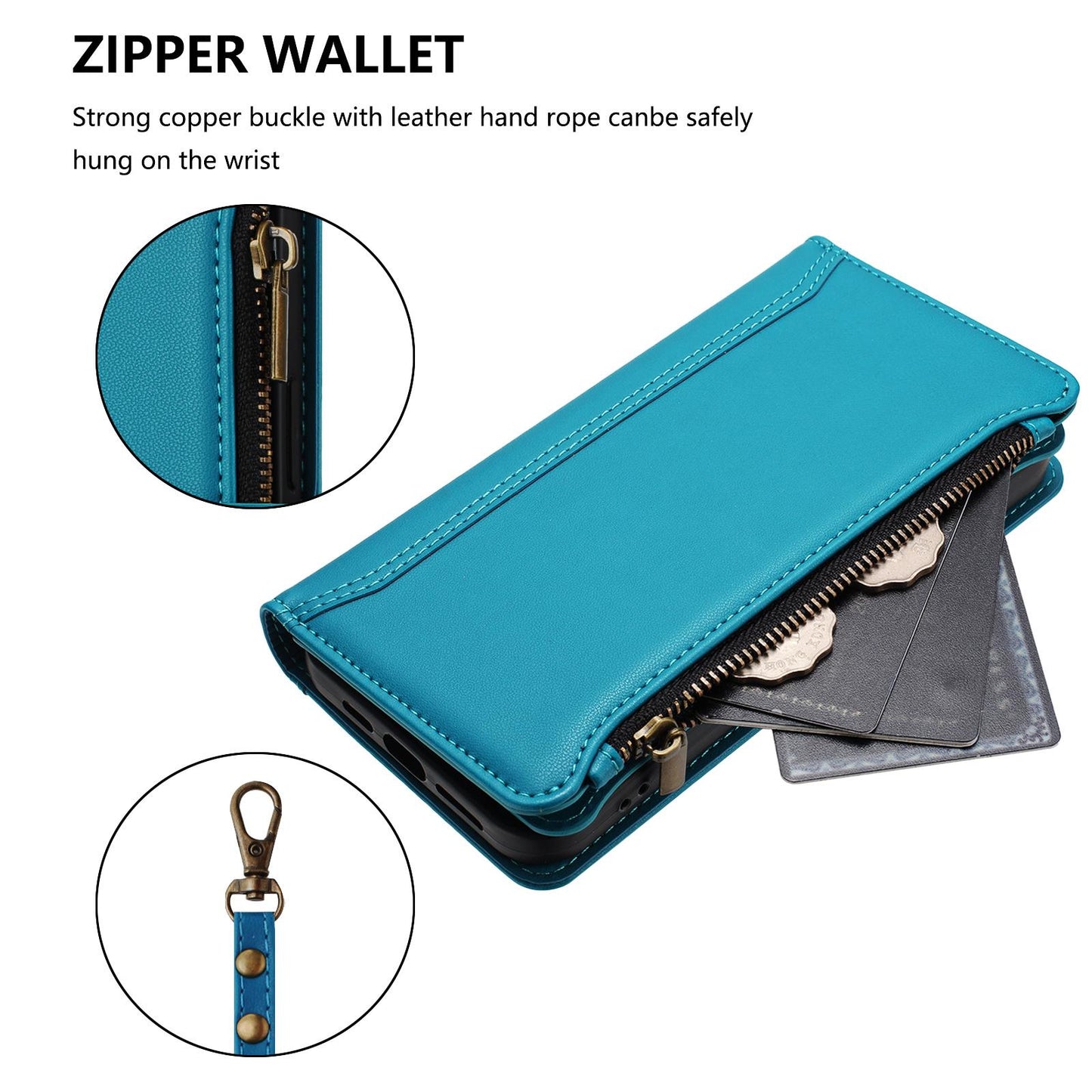 For OPPO K12S / K13 India Magnetic Closure 9 Card Slots Zipper Leather Case with Hand Strap(Turquoise)