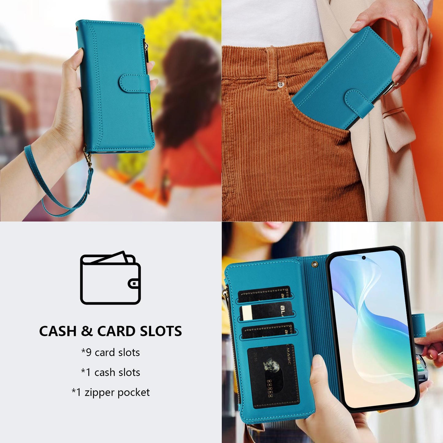 For OPPO K12S / K13 India Magnetic Closure 9 Card Slots Zipper Leather Case with Hand Strap(Turquoise)