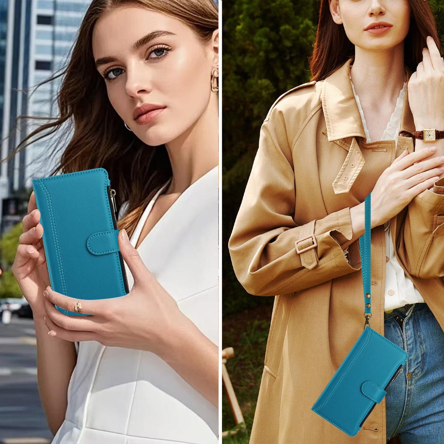 For OPPO K12S / K13 India Magnetic Closure 9 Card Slots Zipper Leather Case with Hand Strap(Turquoise)