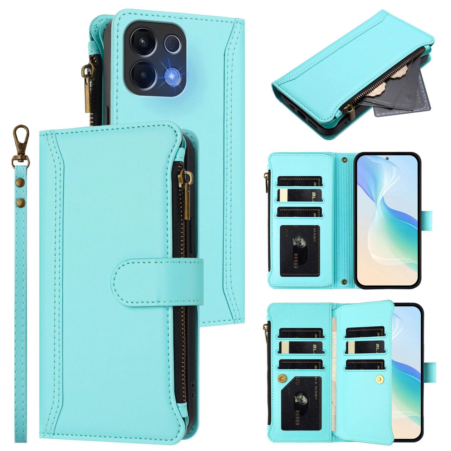 For OPPO K12S / K13 India Magnetic Closure 9 Card Slots Zipper Leather Case with Hand Strap(Mint Green)