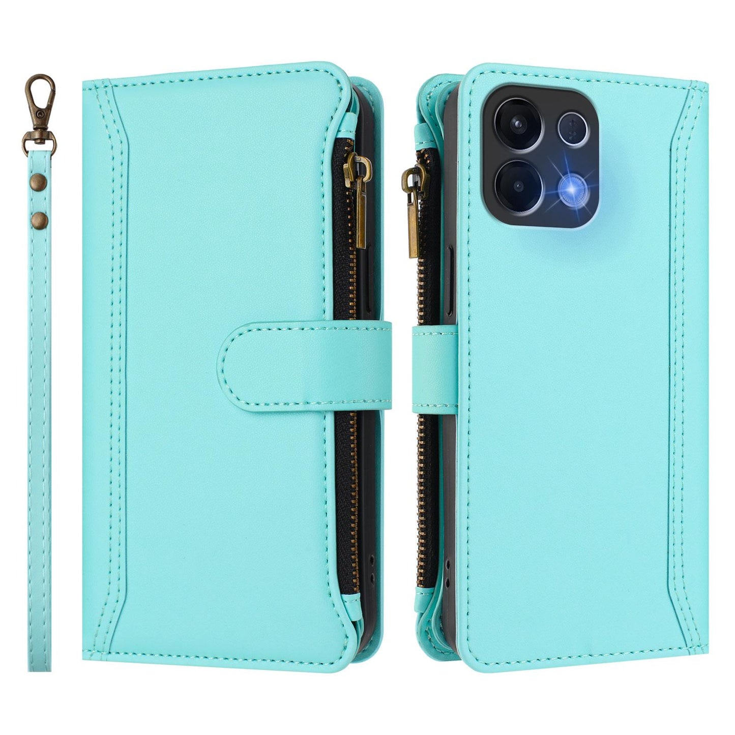 For OPPO K12S / K13 India Magnetic Closure 9 Card Slots Zipper Leather Case with Hand Strap(Mint Green)