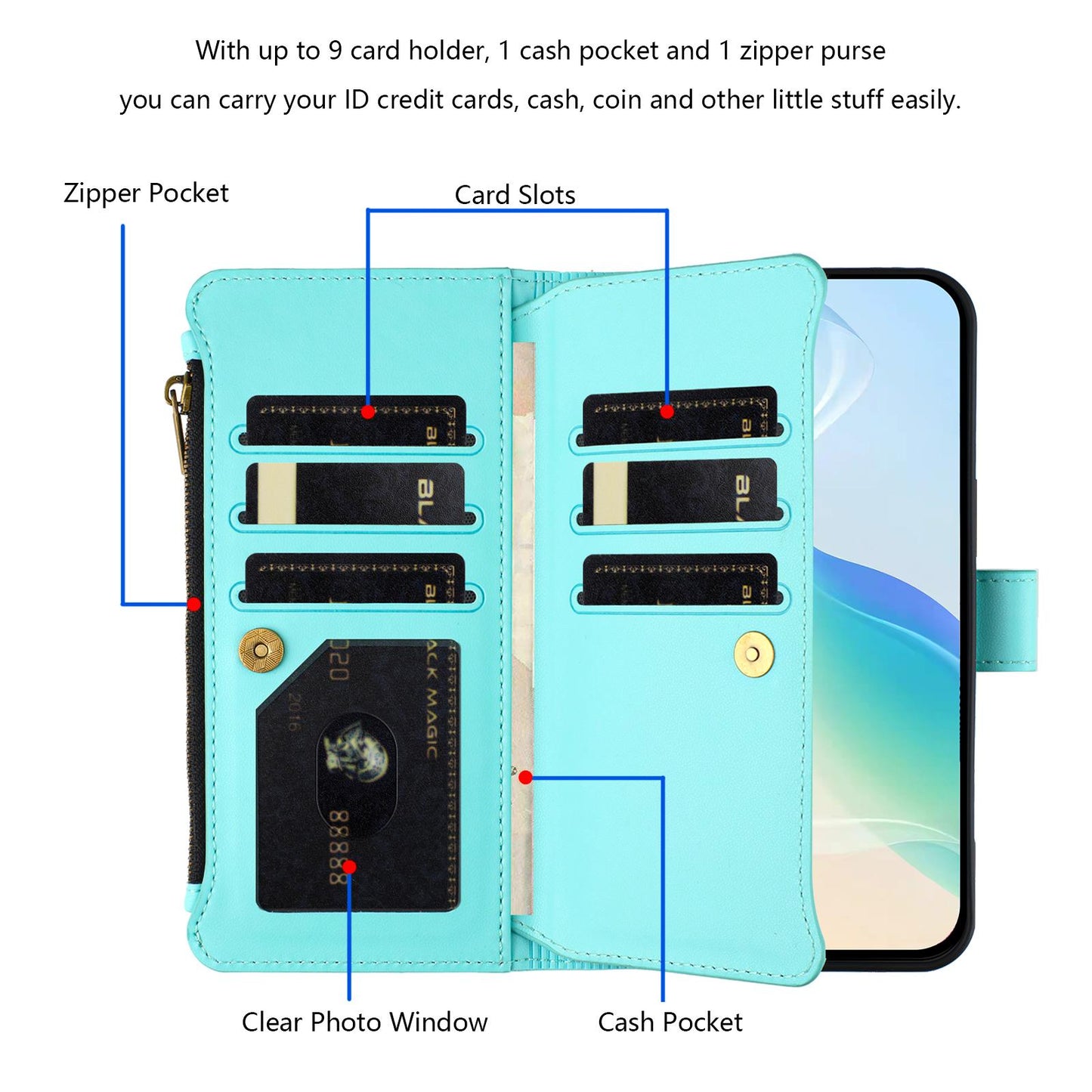 For OPPO K12S / K13 India Magnetic Closure 9 Card Slots Zipper Leather Case with Hand Strap(Mint Green)