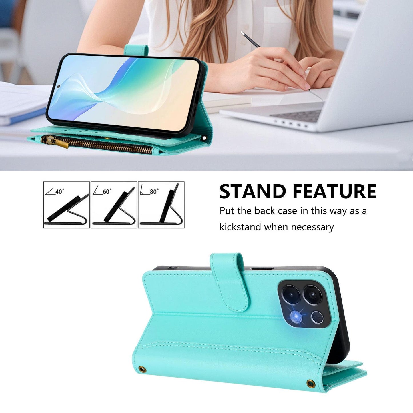 For OPPO K12S / K13 India Magnetic Closure 9 Card Slots Zipper Leather Case with Hand Strap(Mint Green)