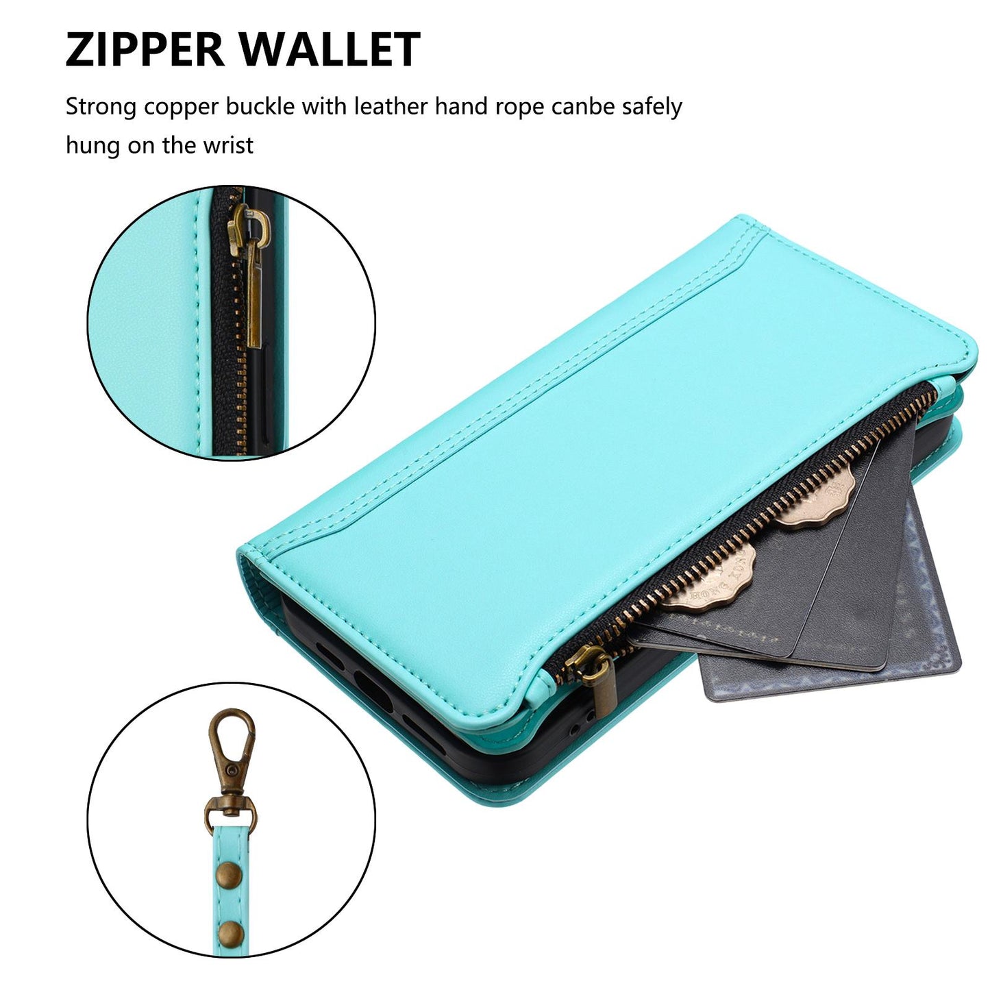 For OPPO K12S / K13 India Magnetic Closure 9 Card Slots Zipper Leather Case with Hand Strap(Mint Green)