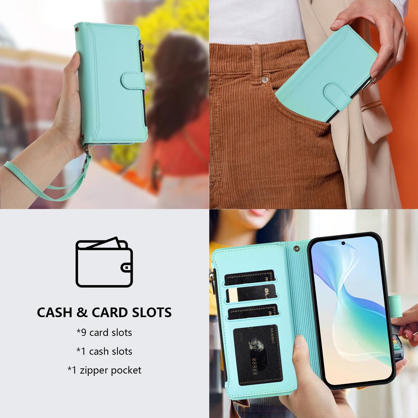 For OPPO K12S / K13 India Magnetic Closure 9 Card Slots Zipper Leather Case with Hand Strap(Mint Green)