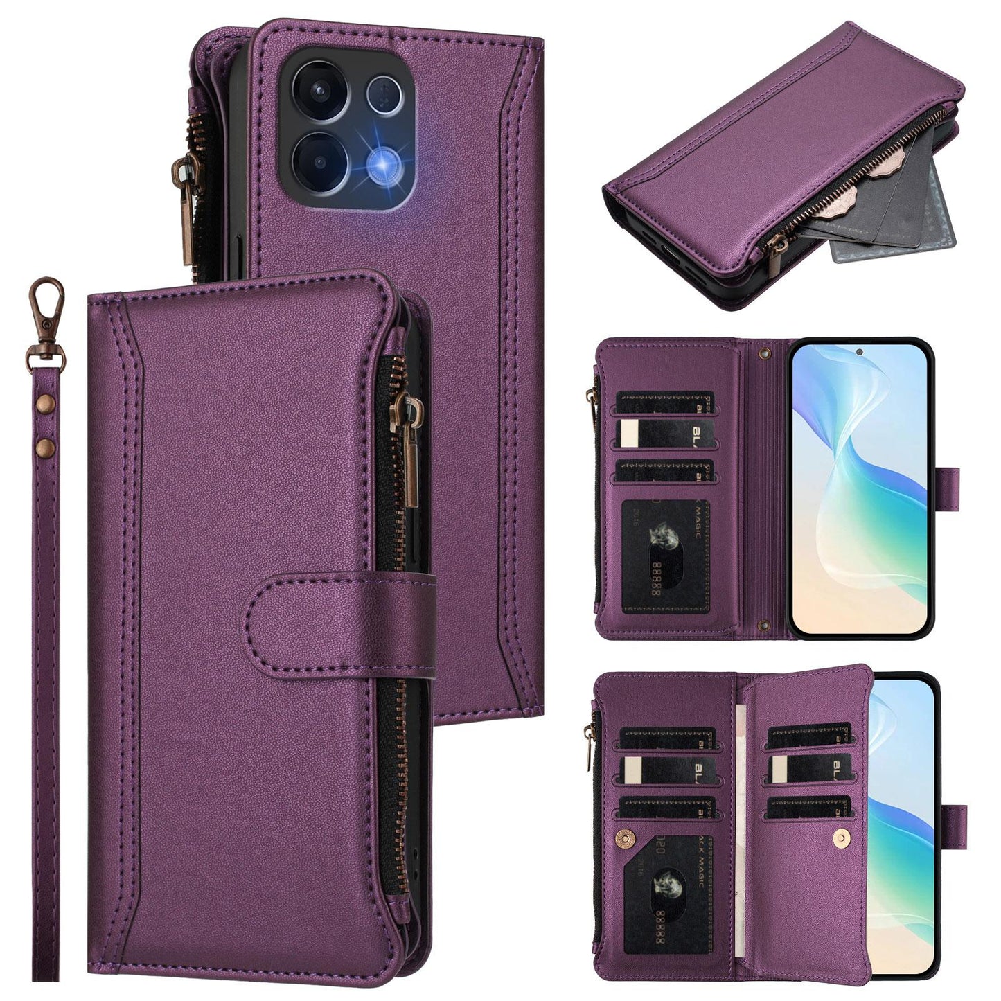 For OPPO K12S / K13 India Magnetic Closure 9 Card Slots Zipper Leather Case with Hand Strap(Purple)