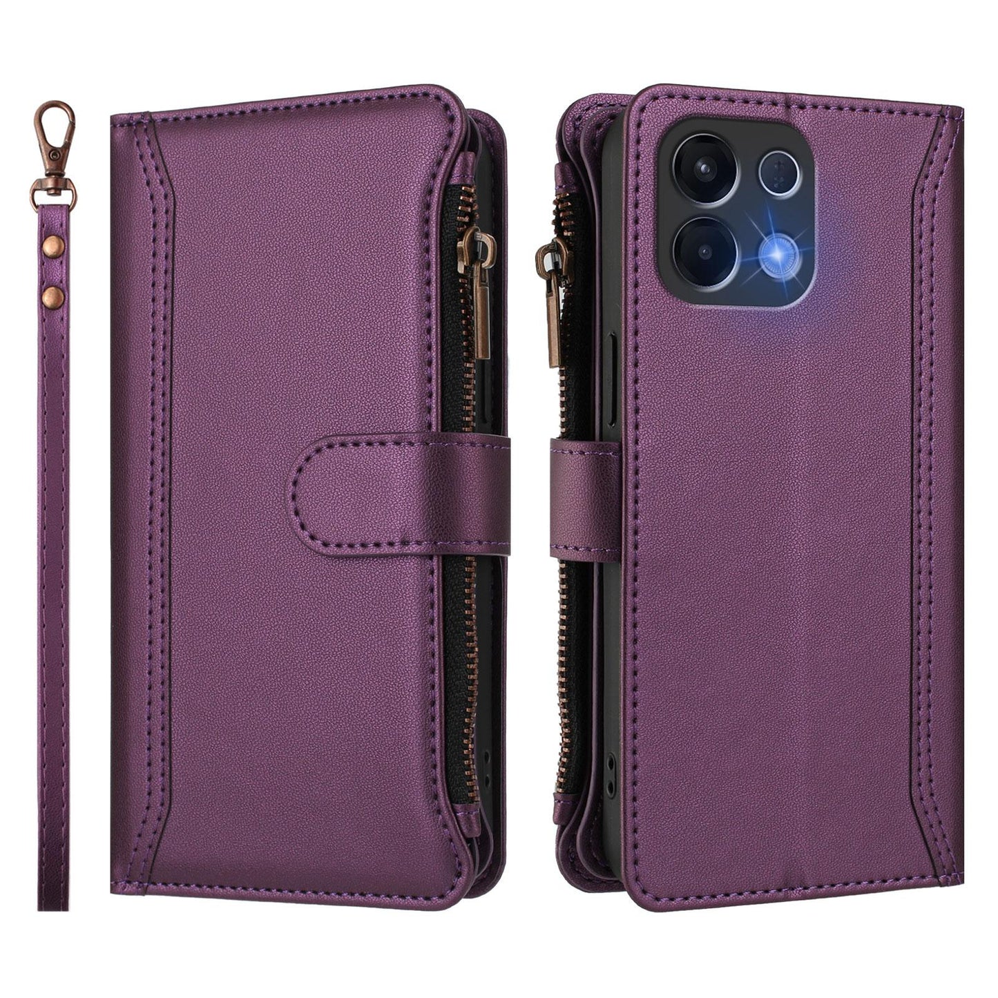 For OPPO K12S / K13 India Magnetic Closure 9 Card Slots Zipper Leather Case with Hand Strap(Purple)