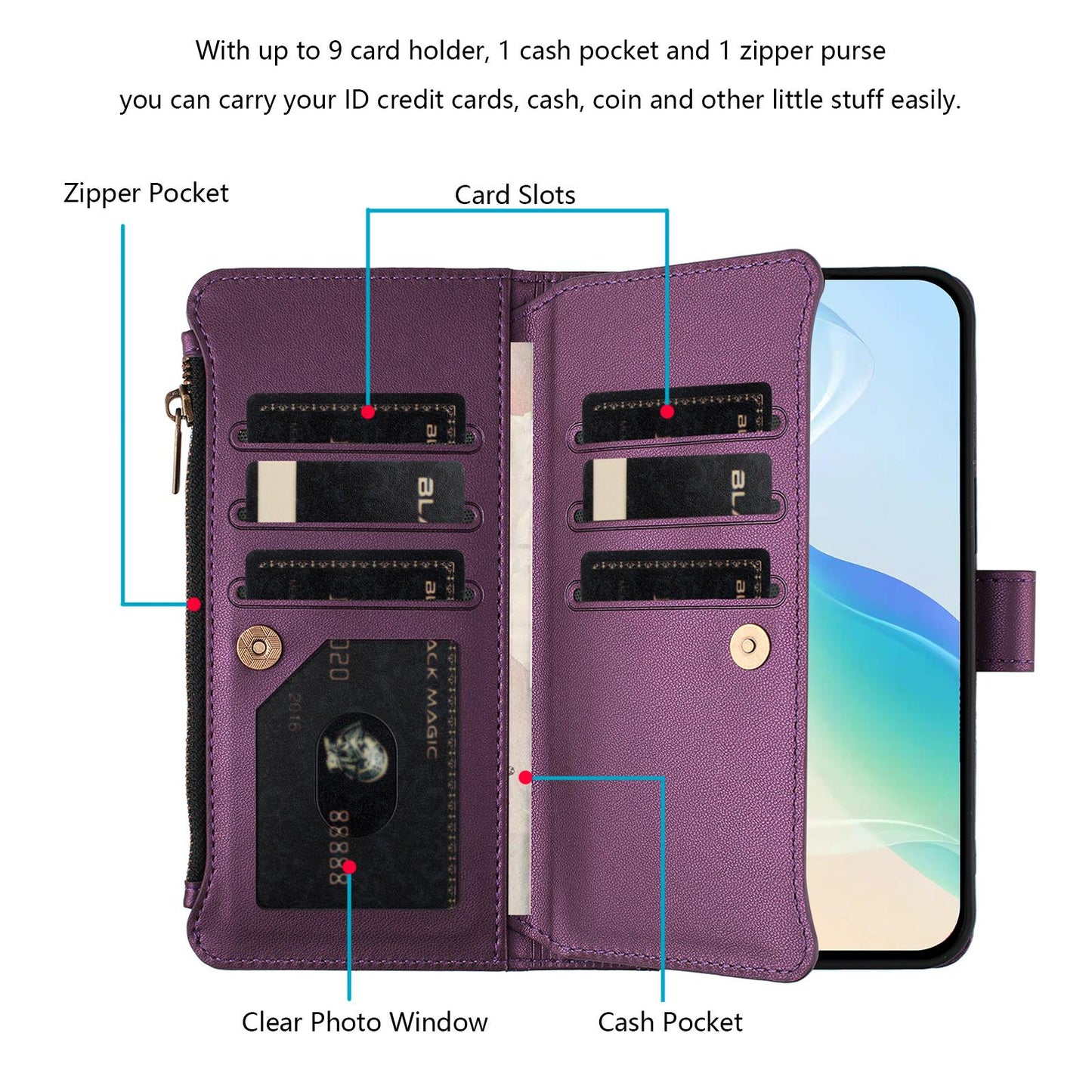 For OPPO K12S / K13 India Magnetic Closure 9 Card Slots Zipper Leather Case with Hand Strap(Purple)