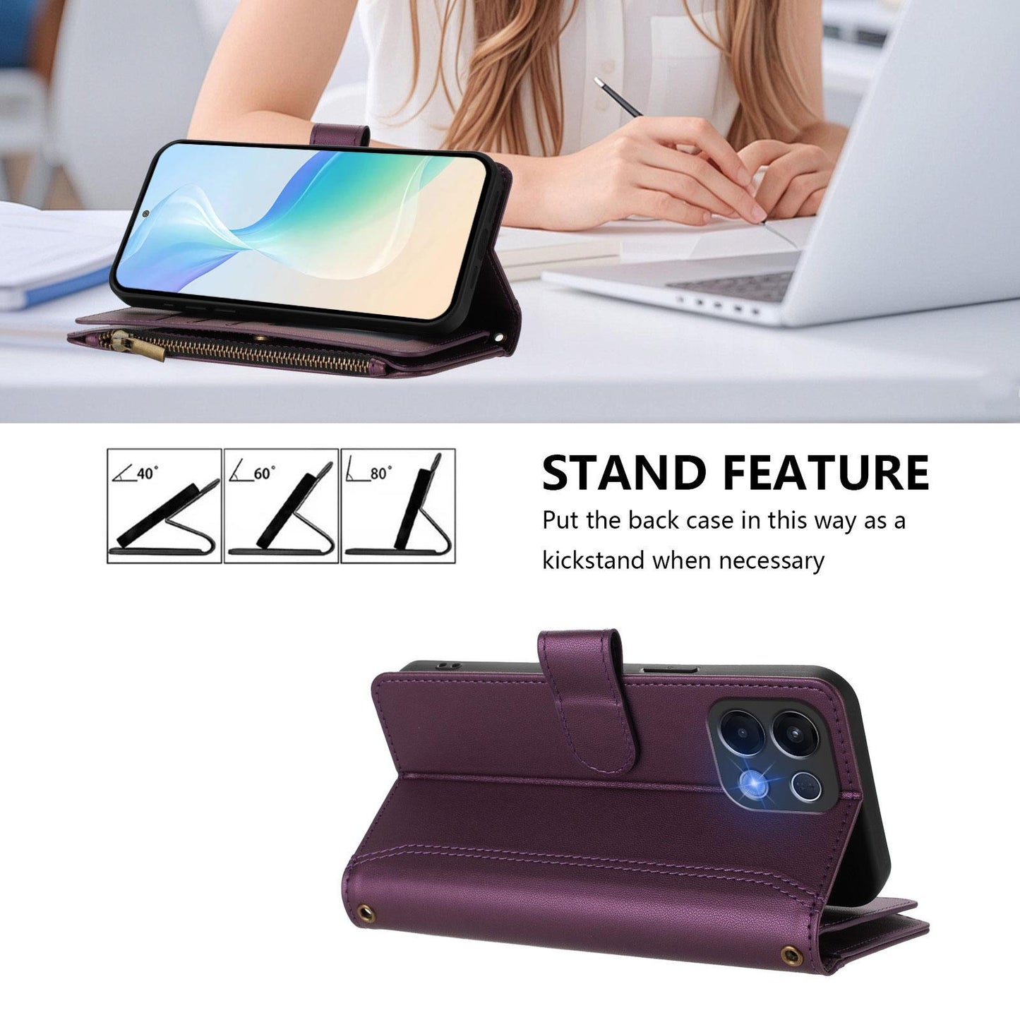 For OPPO K12S / K13 India Magnetic Closure 9 Card Slots Zipper Leather Case with Hand Strap(Purple)