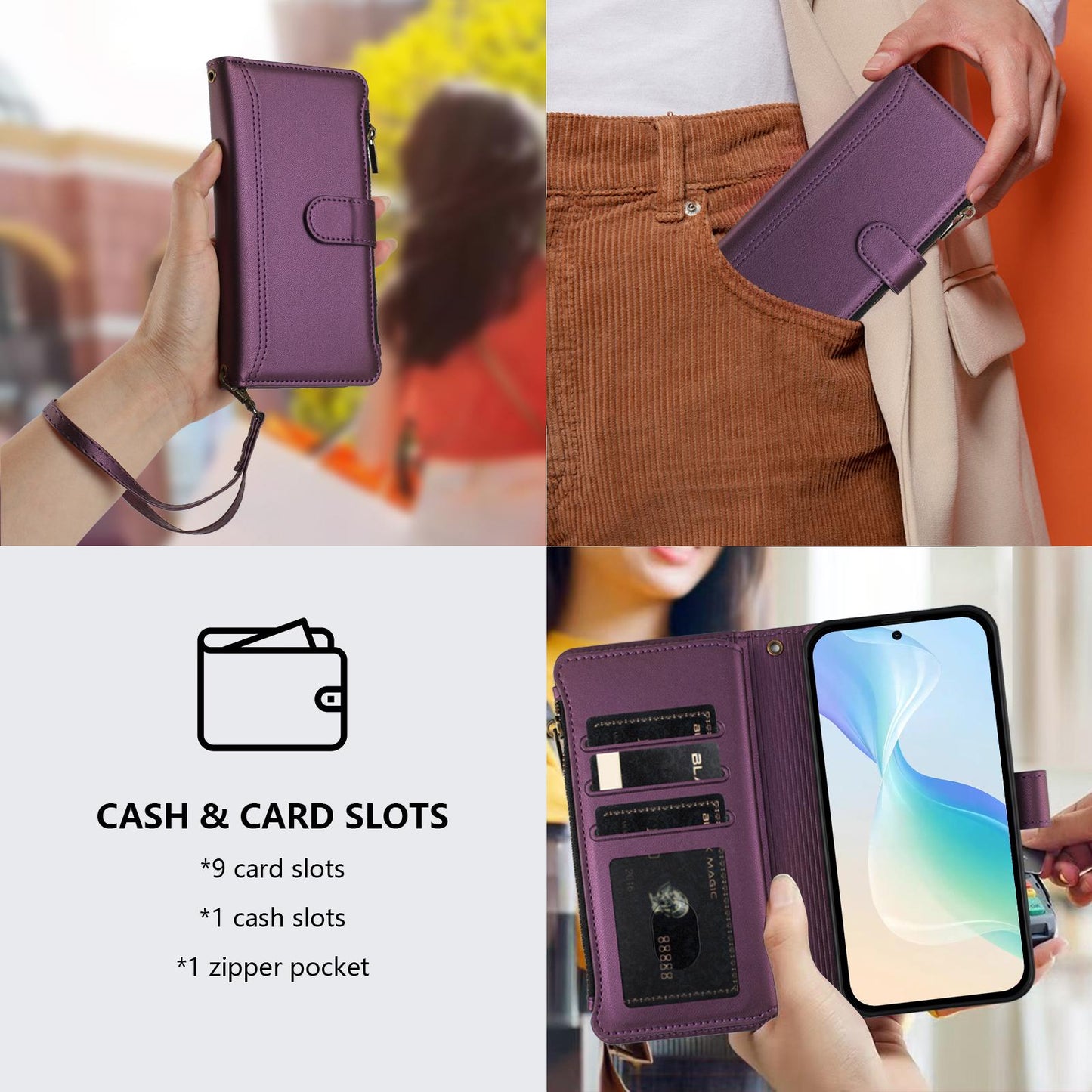 For OPPO K12S / K13 India Magnetic Closure 9 Card Slots Zipper Leather Case with Hand Strap(Purple)