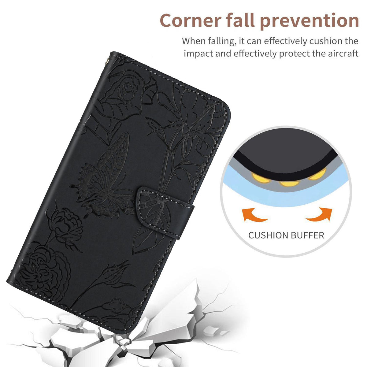 Compatible with iPhone 18 Pro Max & 17 Pro Max Skin Feel Butterfly Embossed Flip Leather Phone Case - Black