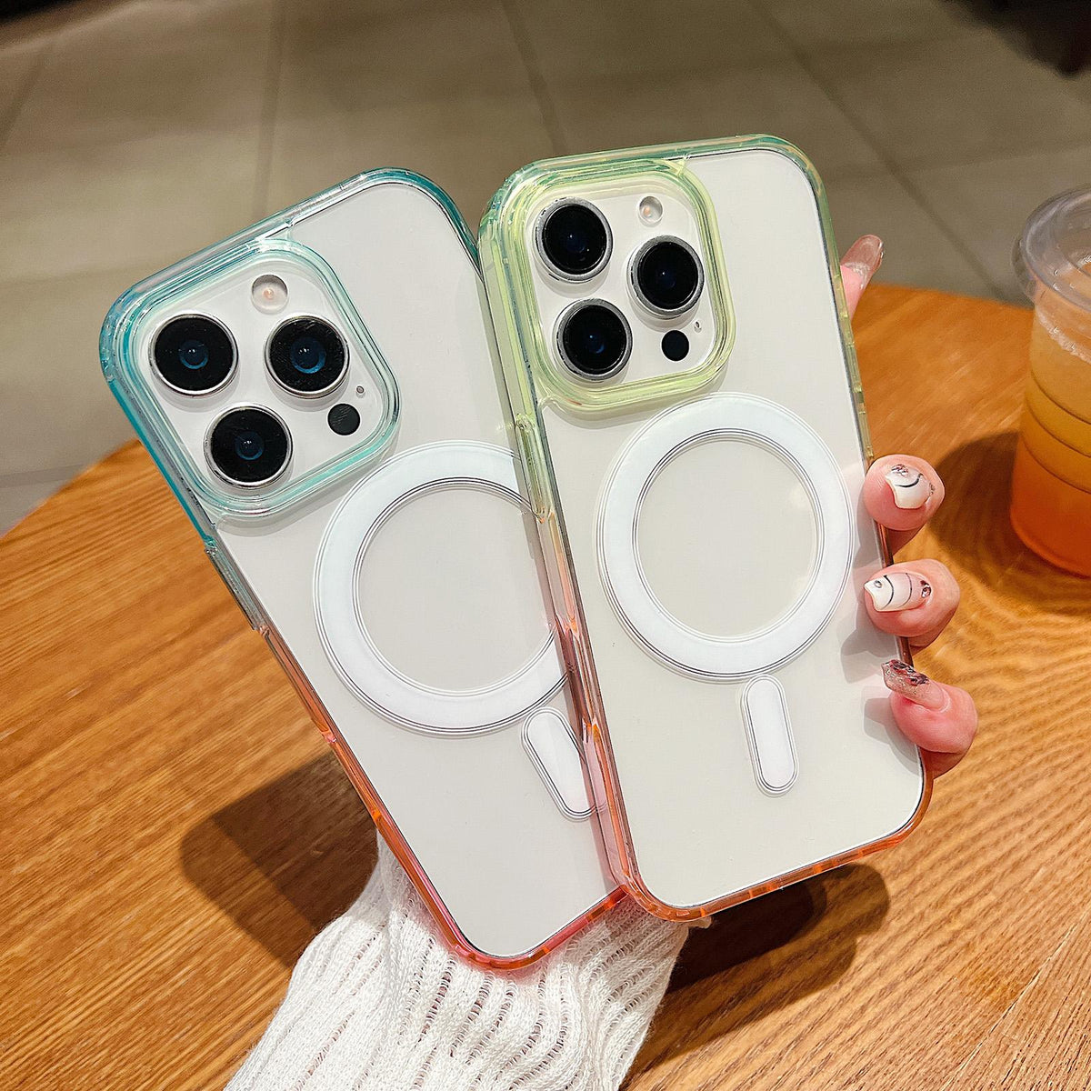 Compatible with iPhone 18 Pro Max Contrast Color Gradient Transparent MagSafe Phone Case - Blue Green + Pink