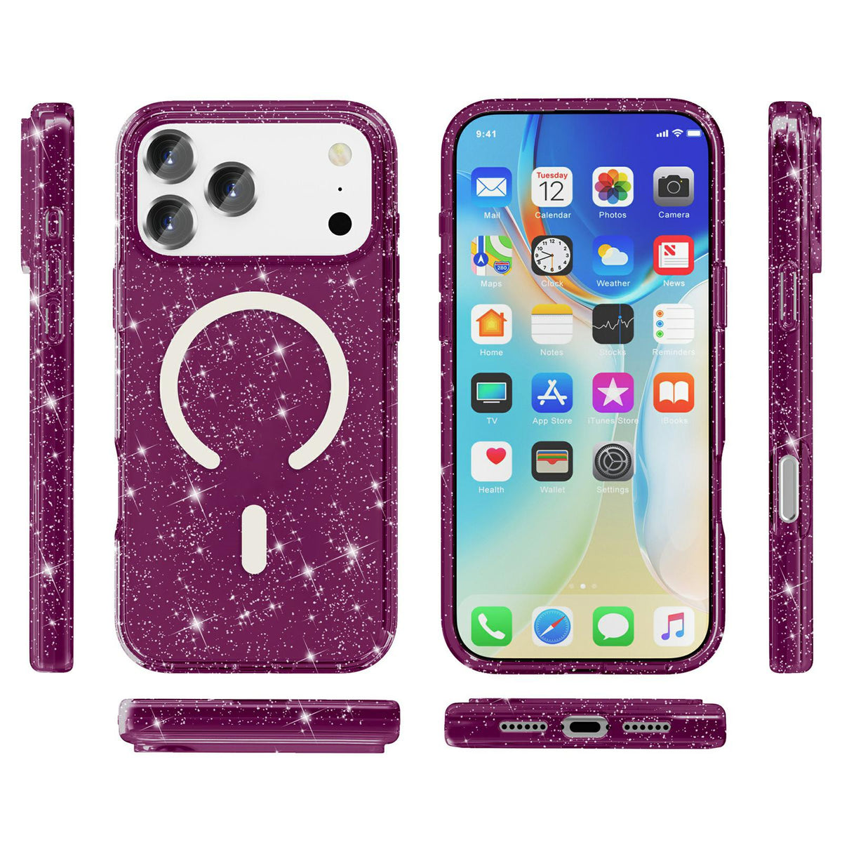 Compatible with iPhone 18 Pro Max & 17 Pro Max Terminator Style Glitter Powder MagSafe Magnetic Phone Case - Cherry Red
