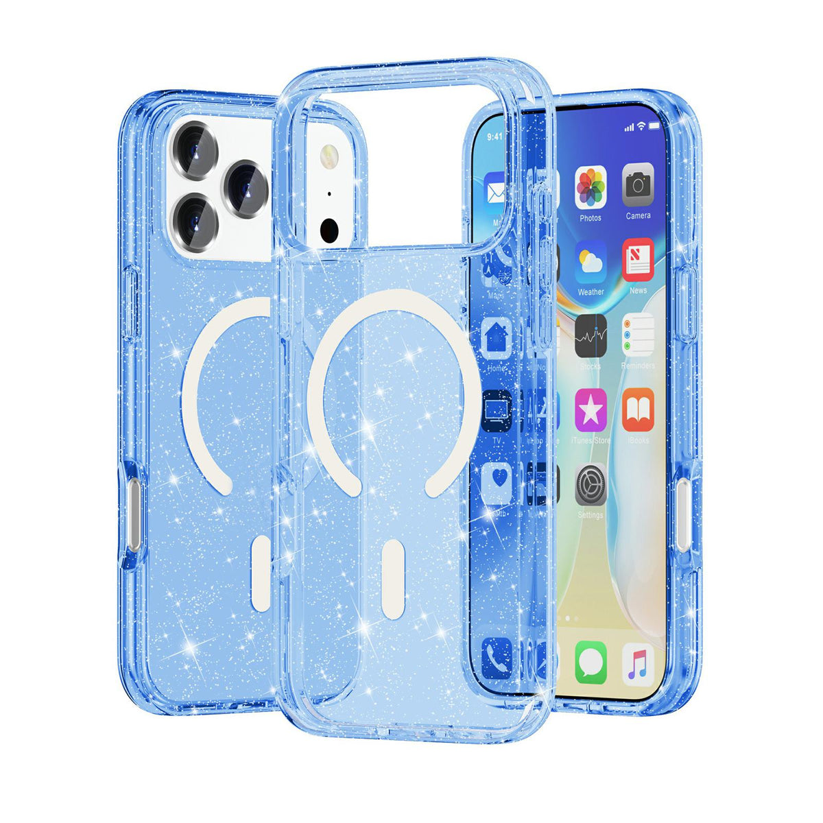 Compatible with iPhone 18 Pro Max & 17 Pro Max Terminator Style Glitter Powder MagSafe Magnetic Phone Case - Blue