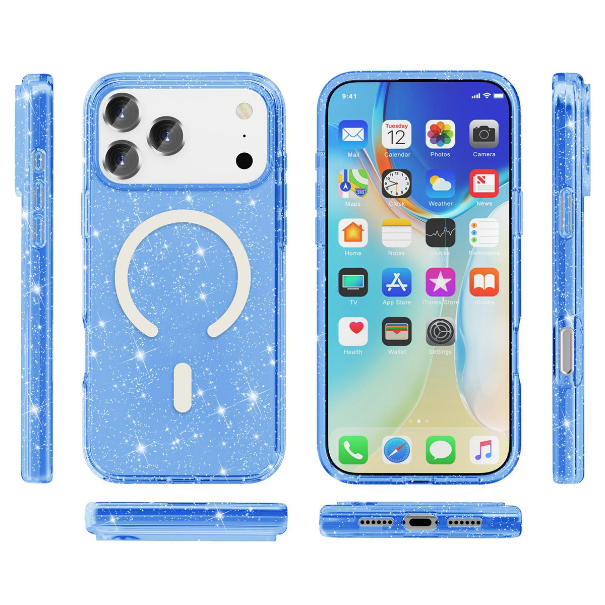 Compatible with iPhone 18 Pro Max & 17 Pro Max Terminator Style Glitter Powder MagSafe Magnetic Phone Case - Blue