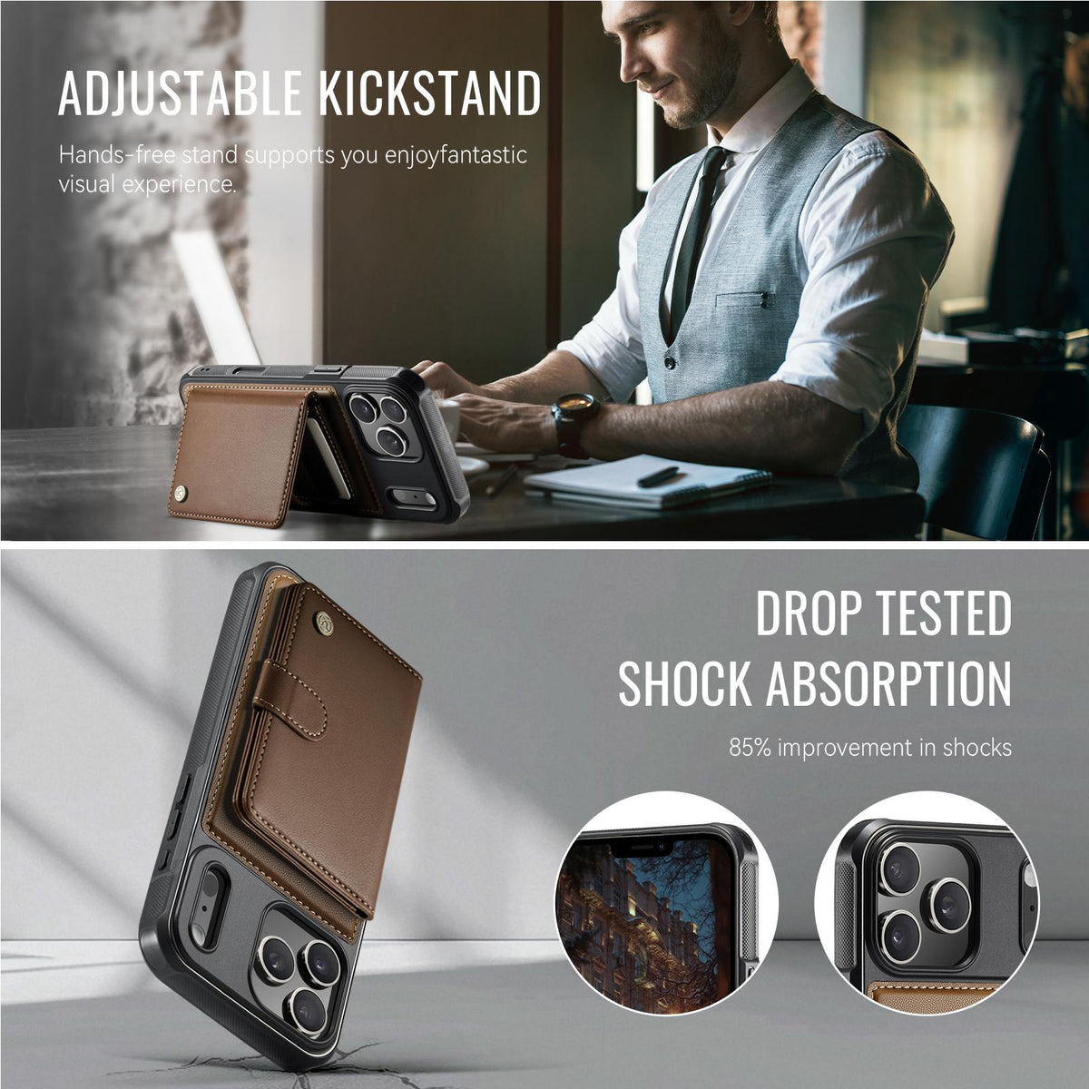 Compatible with iPhone 18 Pro JEEHOOD J09 Buckle Card Bag MagSafe Magnetic Style RFID Leather Phone Case - Brown