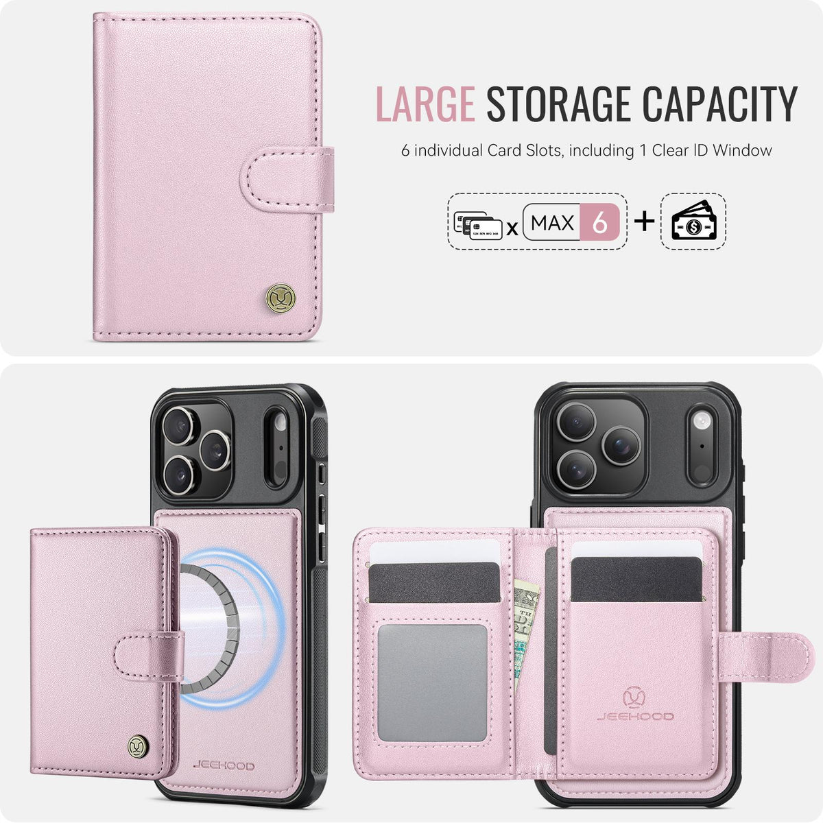 Compatible with iPhone 18 Pro Max JEEHOOD J09 Buckle Card Bag MagSafe Magnetic Style RFID Leather Phone Case - Pink